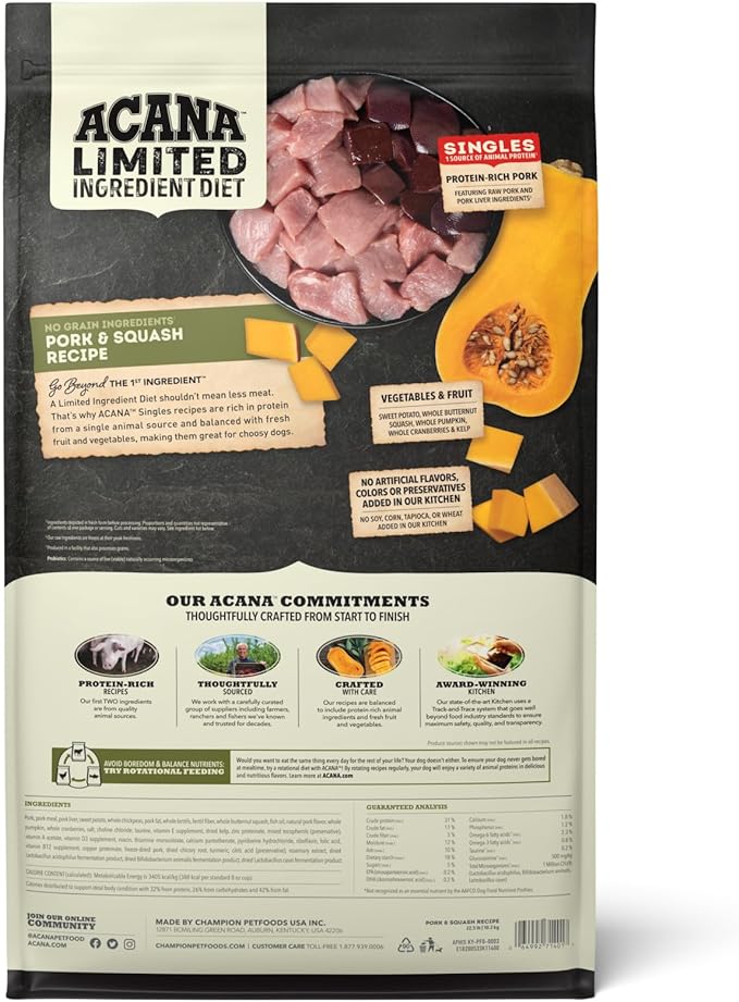 Acana Grain-Free Dry Dog Food with Pork & Squash - High Protein, Limited Ingredient Diet for Sensitive Stomachs - Perfect for Adult Dogs with Allergies or Digestive Issues