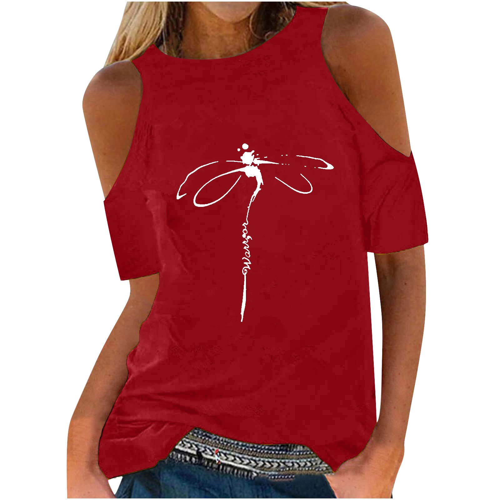 Women's Summer Cold Shoulder Short Sleeve T-Shirt - Loose Fit Crewneck Blouse with Dragonfly Print | Casual Fashion Top for Beach, Vacation & Daily Wear