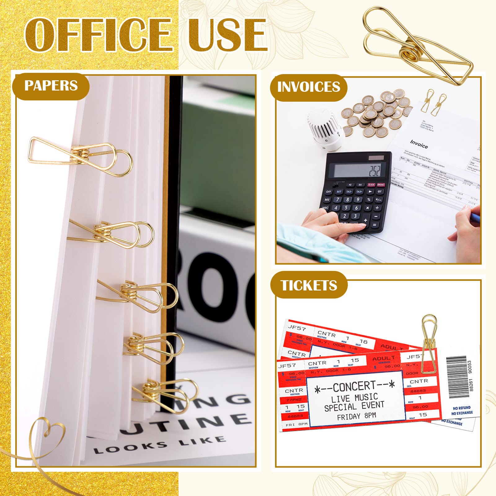 100 Pcs Gold Small Metal Wire Hollow Out Paper Clips - Multipurpose Stainless Steel Utility Clips for School, Office, Kitchen & Outdoor Use - Perfect for Organizing Documents, Bills, Clothes & More