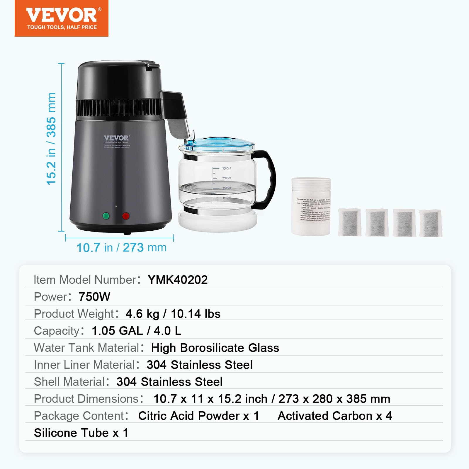 VEVOR 4L/1.05 Gallon Countertop Water Distiller - 750W Stainless Steel Home Water Purification System for Drinking, Baby Formula, Humidifiers & Appliances | Pure Distilled Water Maker Machine (Gray)