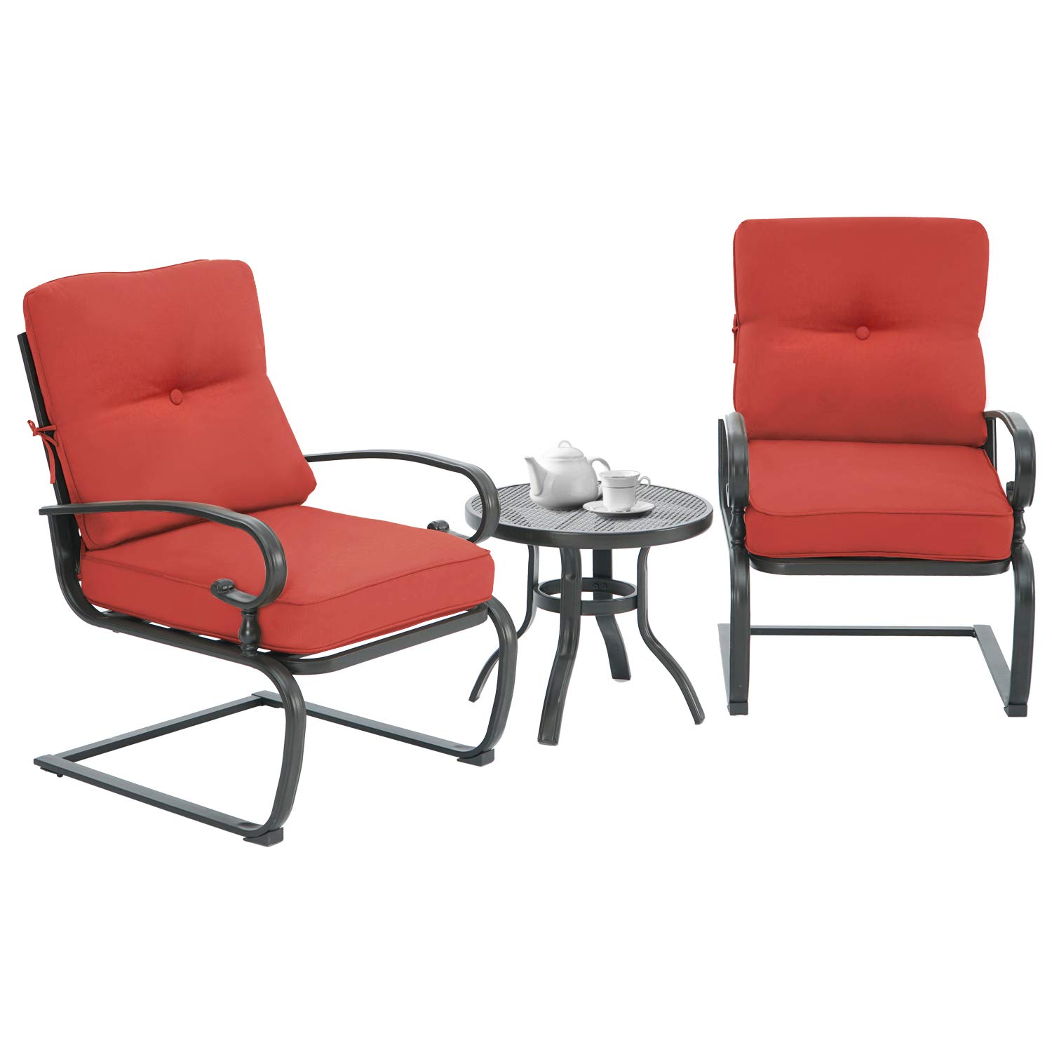 3-Piece Outdoor Bistro Set with Spring Metal Action Lounge Chairs & Round Table - Wrought Iron Cafe Furniture in Red - Perfect for Patio, Garden, and Backyard Relaxation
