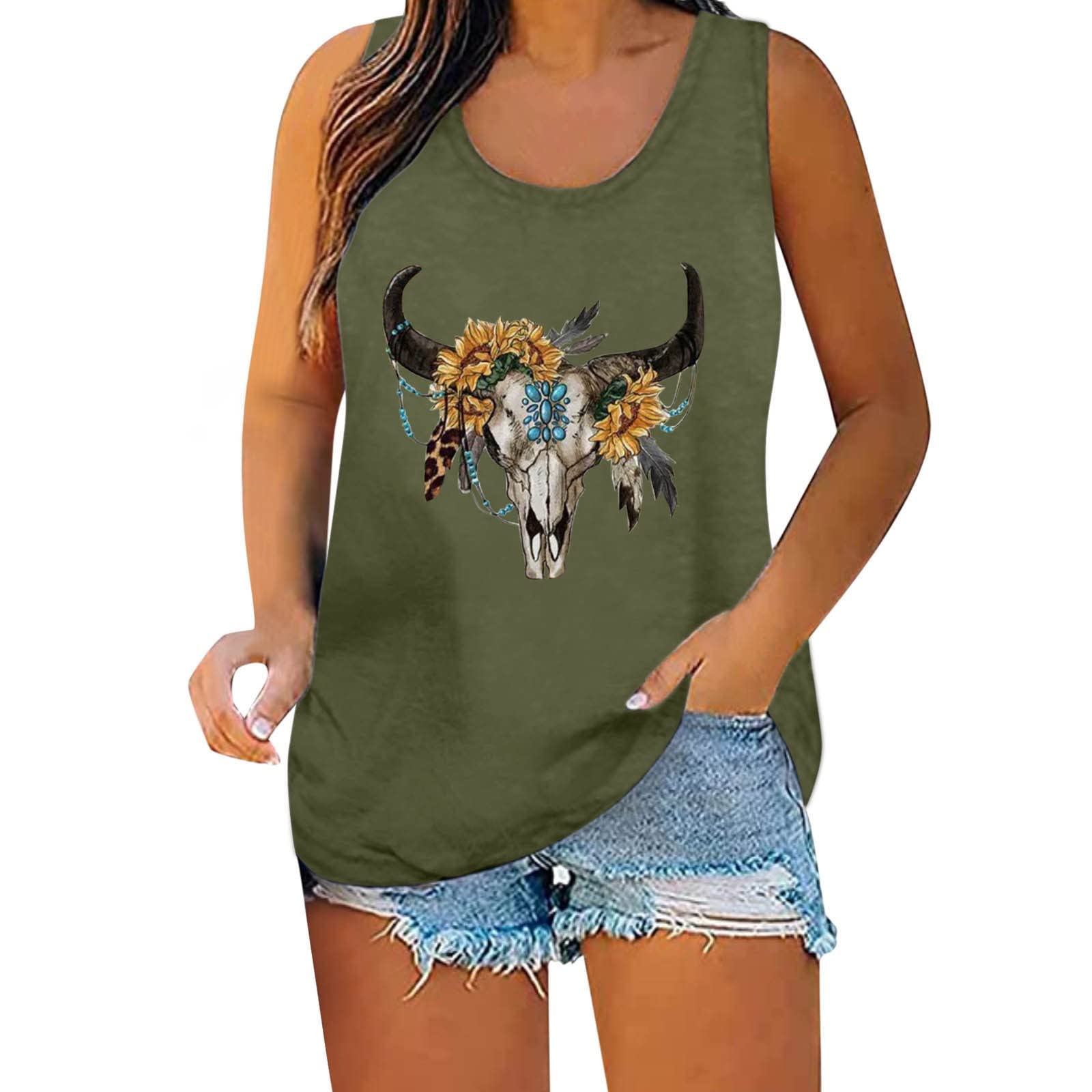 Women's Independence Day Print Tank Top - Summer Casual Sleeveless Muscle Tee, Crop Top & Fitness Workout Shirt - Office, Gym & Biker Style - Plus Size Cotton Lacy Racerback Tank - Army Green X-Large - Perfect for 4th of July, Workouts & Casual Summer Outfits