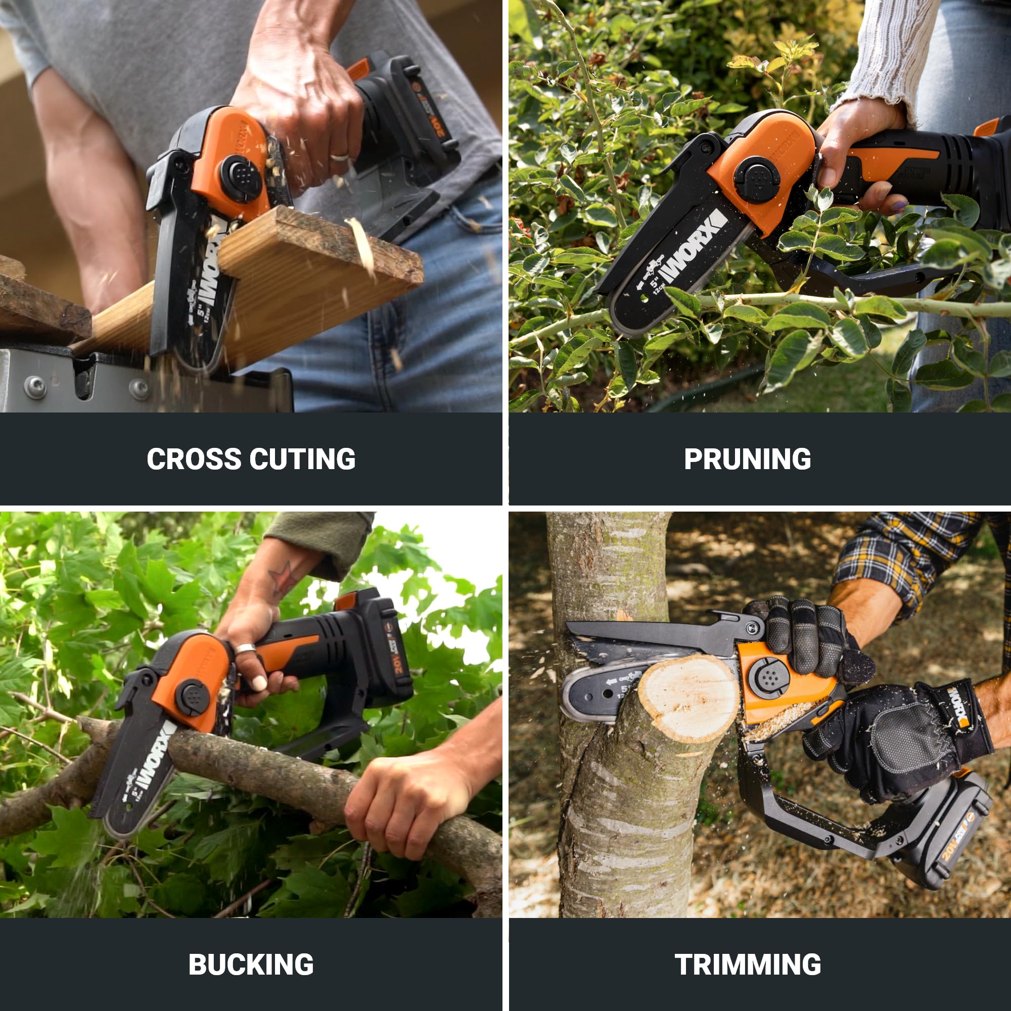 Worx WG324 20V 5-Inch Cordless Mini Chainsaw with Power Share Battery - Lightweight 3.9 lbs, 22 ft/s Chain Speed, Upper & Hand Guard (Battery & Charger Included) - Perfect for Tree Trimming, Yard Cleanup, and DIY Wood Cutting Projects