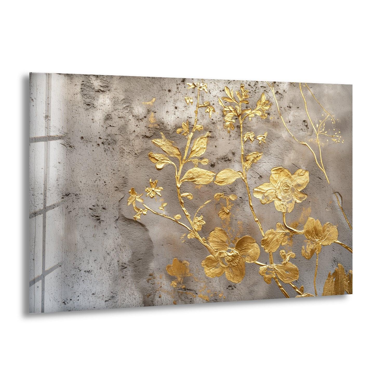 Abstract Gold Flowers Glass Wall Art - Modern Home Decor for Living Room, Bedroom, Office - Elegant Handmade Glass Painting for Wall Display