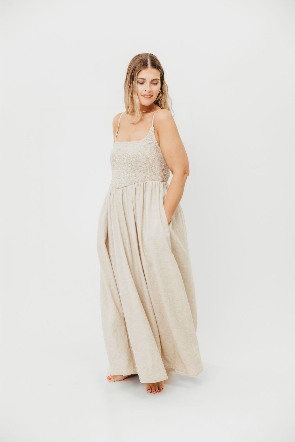 Josefina Smocked Maxi Dress in Natural - Bump Friendly Maternity Dress for Women | Perfect for Pregnancy, Beach Vacations & Summer Weddings