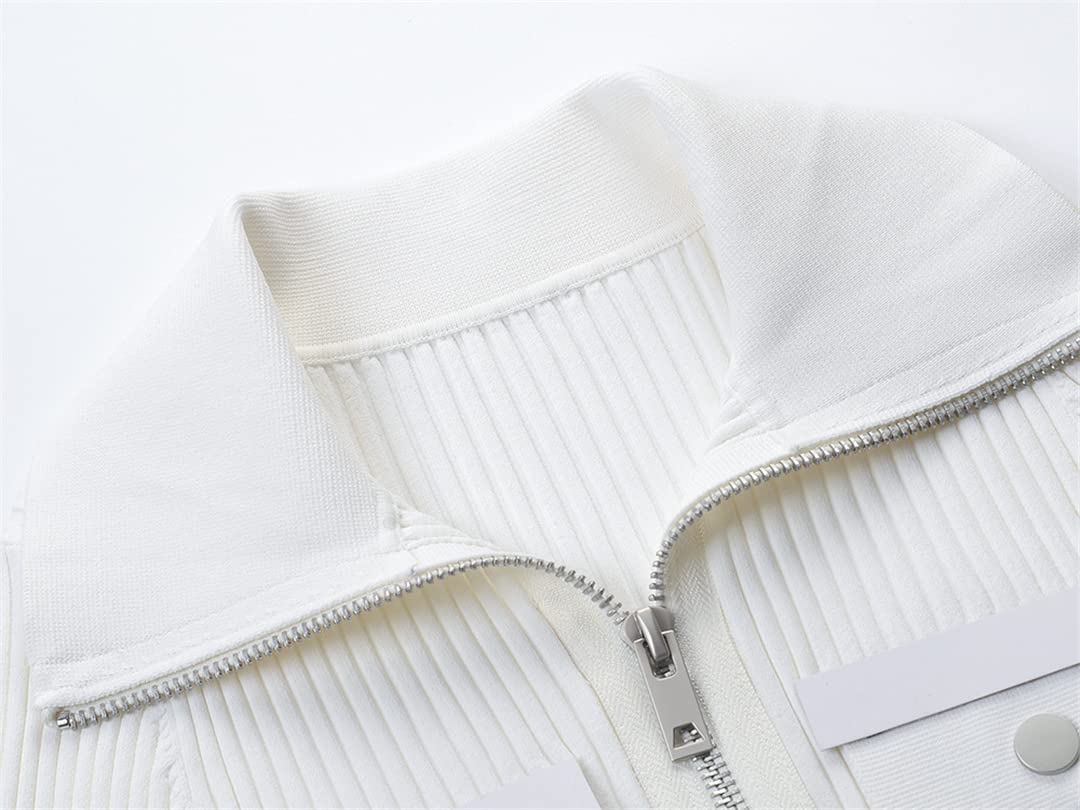 Women's White & Black Knitted Cardigan with Zipper - Short Sleeve Casual Top for Spring/Summer | Perfect for Office Wear, Date Night & Weekend Outfits