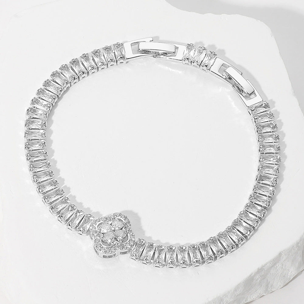 Elegant Paved Quatrefoil Pointed Gold Baguette Cluster Tennis Chain Bracelet for Women - Perfect for Parties, Weddings & Special Occasions