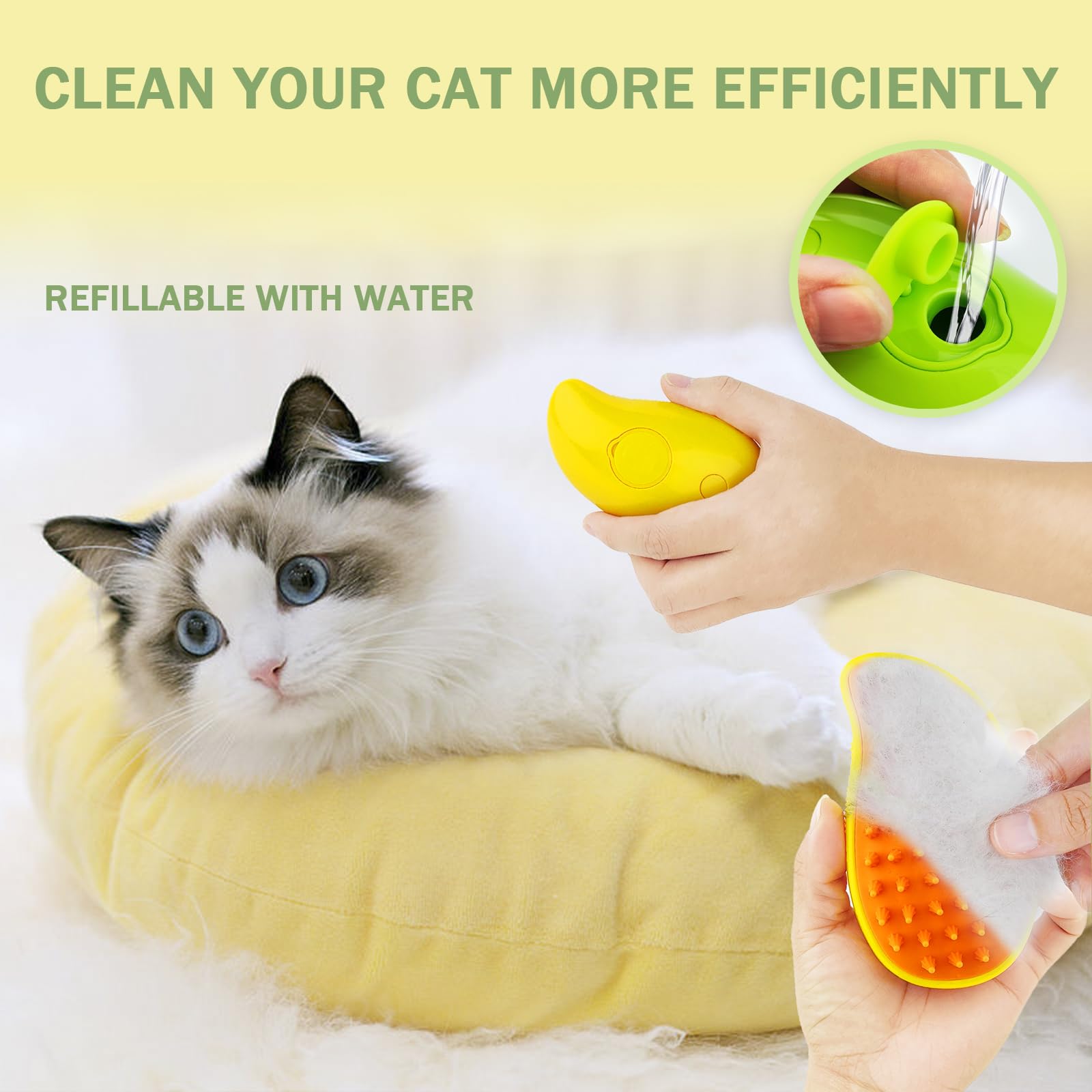 3-in-1 Steamy Cat Grooming Brush - Silicone Pet Hair Brush for Shedding & Cleaning with Water - Gentle Massager for Cats & Dogs | Perfect for Home Grooming & Reducing Pet Hair on Furniture