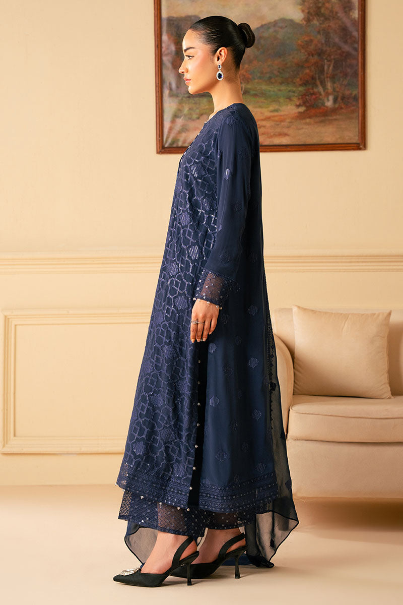 Indigo Blue 4-Piece Embroidered Chiffon Suit Set for Women | Elegant Party & Wedding Outfit | Perfect for Special Occasions & Festive Events