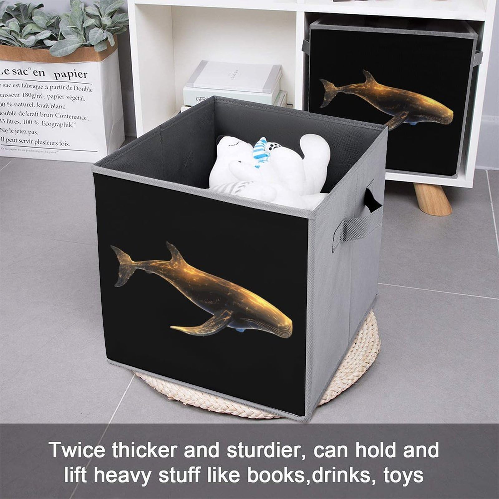 Glowing Cute Whale Foldable Storage Bins - 6 Pack Collapsible Fabric Cube Organizers with Handles for Kids Room, Nursery, Closet & Toy Organization
