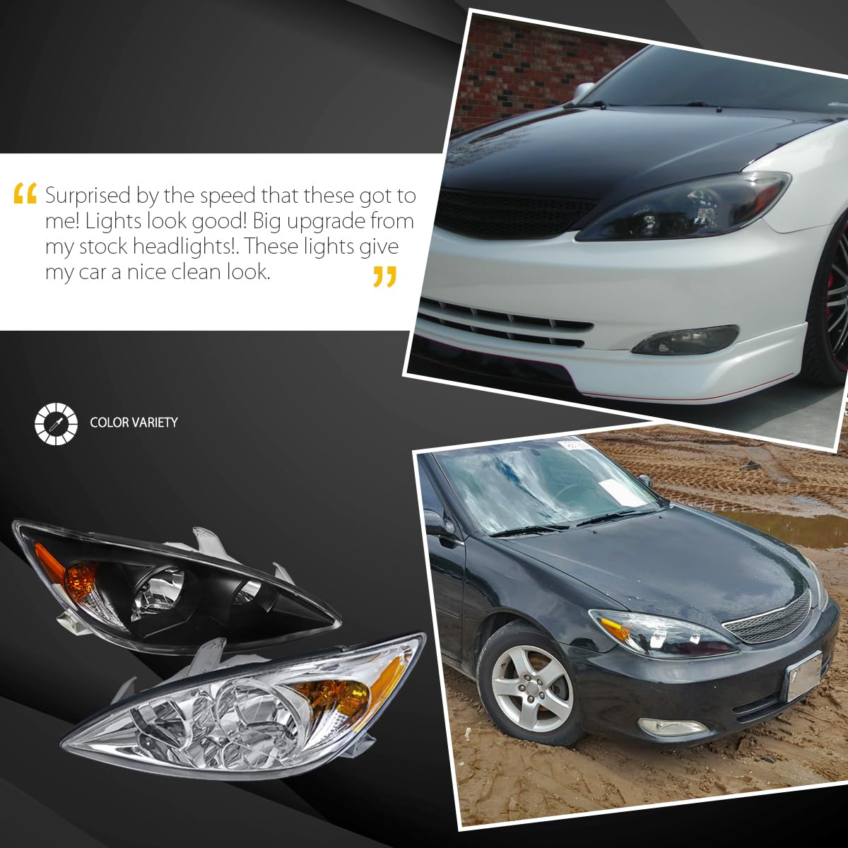 AUTOZENSATION Black Headlights Pair Compatible with 2002-2004 Toyota Camry - Left & Right Replacement Lamps for Night Driving & Foggy Conditions