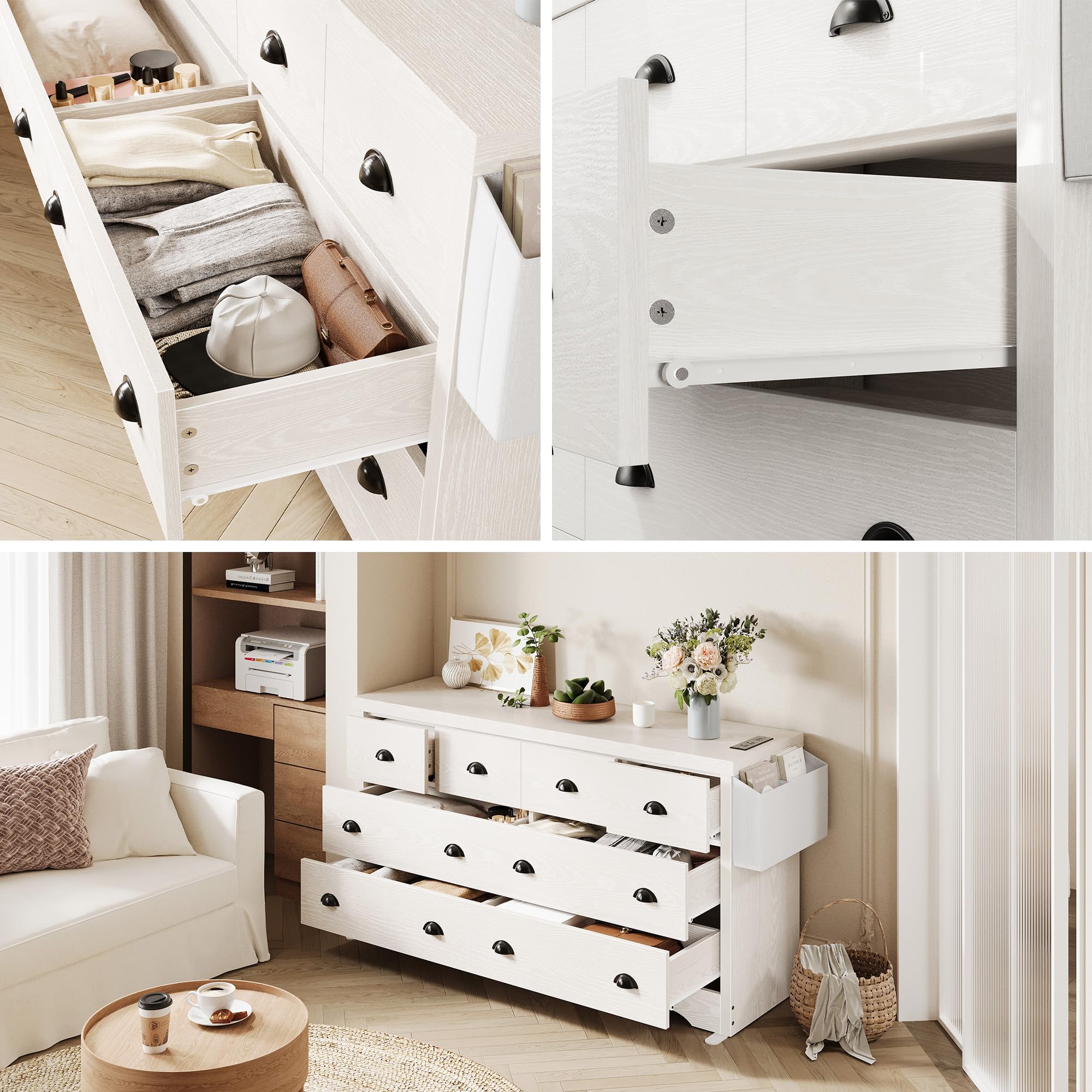 LIKIMIO 8-Drawer Modern Wood Dresser with USB Charging Station & Storage Bag - White Bedroom Chest for Clothes, Entryway Storage & Living Room Organization