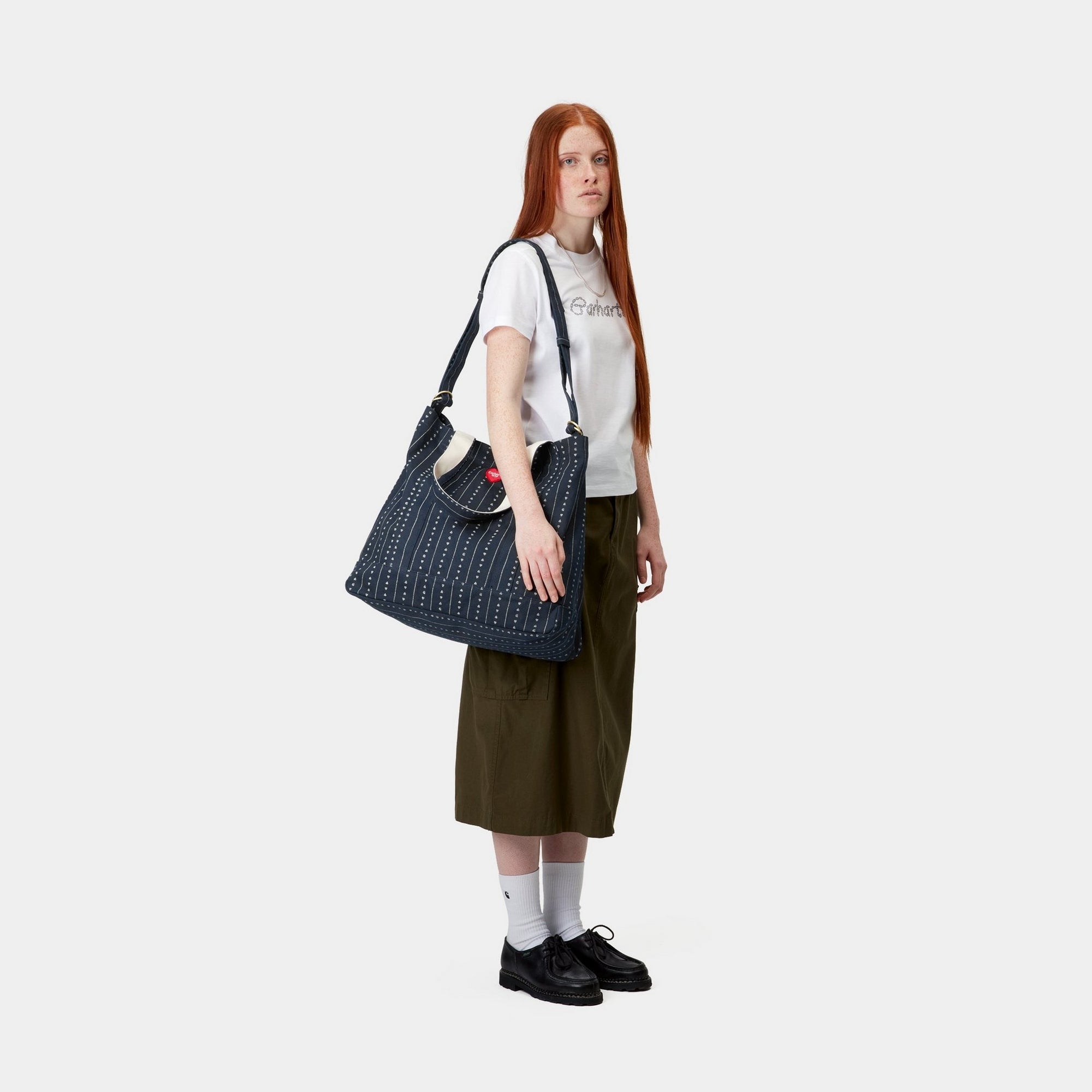 Drew Tote Bag for Women - Ink & Natural Heart C Pinstripe Design - Stylish Canvas Shoulder Bag for Work, Travel & Shopping