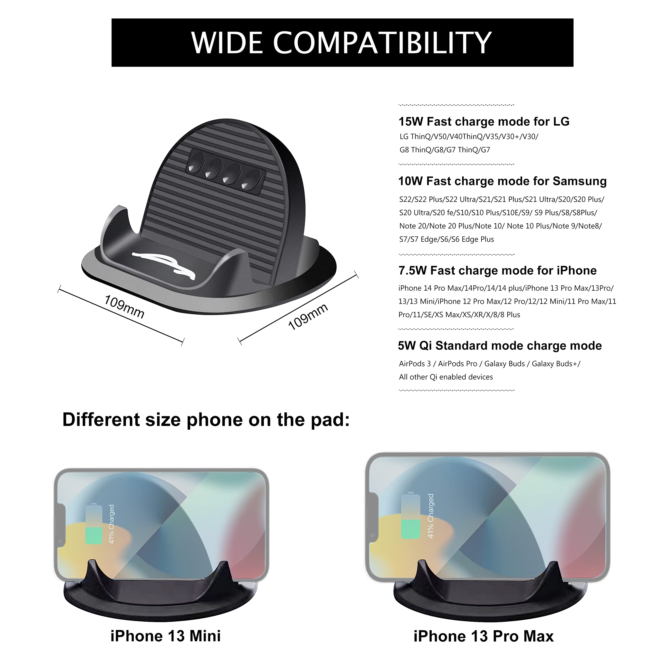 POLMXS Fast Wireless Car Charger Mount - 15W Qi-Certified Charging Pad & Phone Holder for Galaxy S21/S20/S10/S9/S8 & Note 10 - Non-Slip Dashboard Stand for Safe Driving Charging