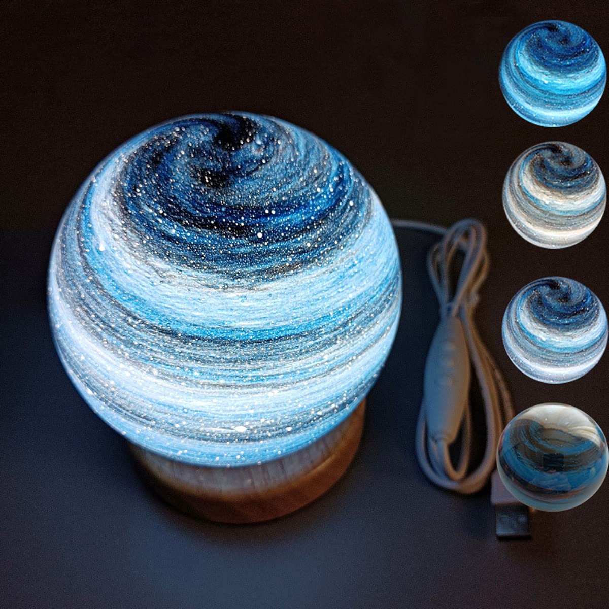 SIGEYI Milky Way Planet Night Light - 4.7 Inch USB LED Mood Lamp with 3 Color Changing Modes, Wood Base & Bubble Glass Design for Bedroom, Nursery, Desk Decor - Perfect for Relaxation, Meditation & Romantic Atmosphere