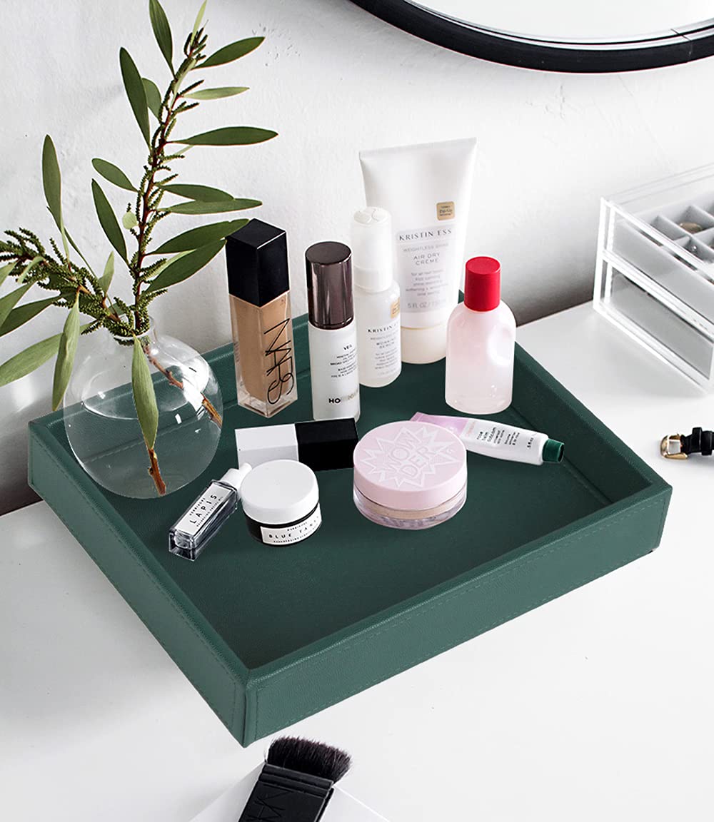 HofferRuffer Faux Leather Decorative Tray - Elegant Desktop Storage Organizer & Vanity Catchall Tray for Perfume, Jewelry, Keys | 10.2 x 8.4 x 1.8 Inches Dark Green | Perfect for Nightstand, Dresser, Office Desk & Bathroom Counter Organization