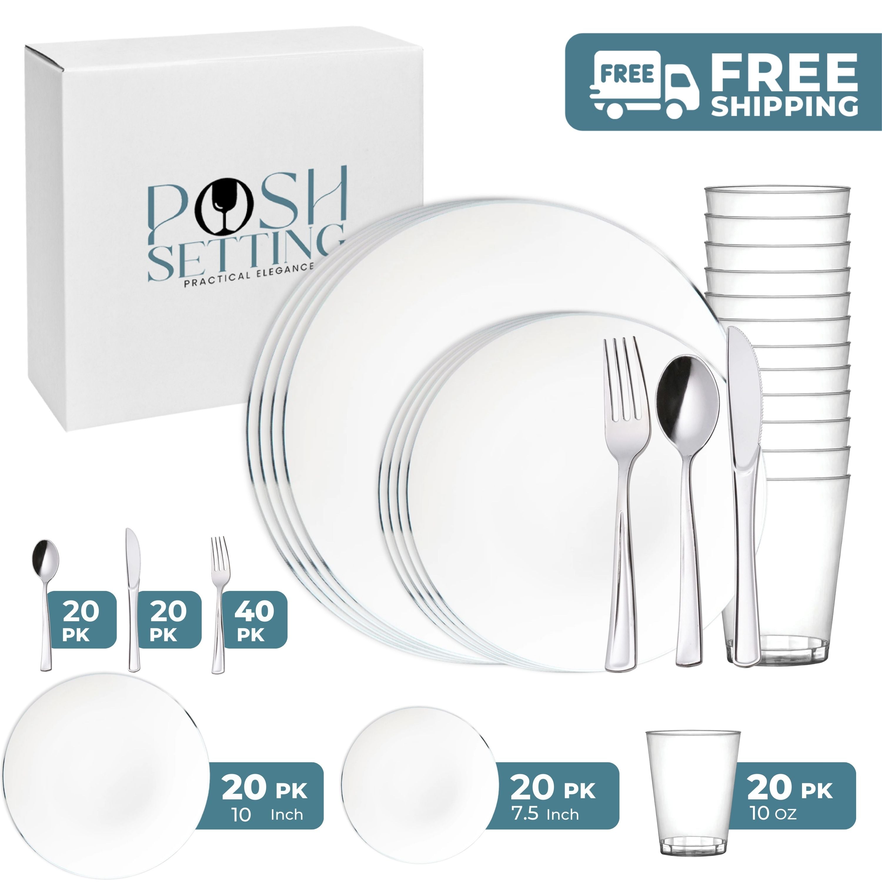 White and Silver Plastic Party Bundle - Eco-Friendly Disposable Tableware Set for Birthday, Wedding & Holiday Celebrations
