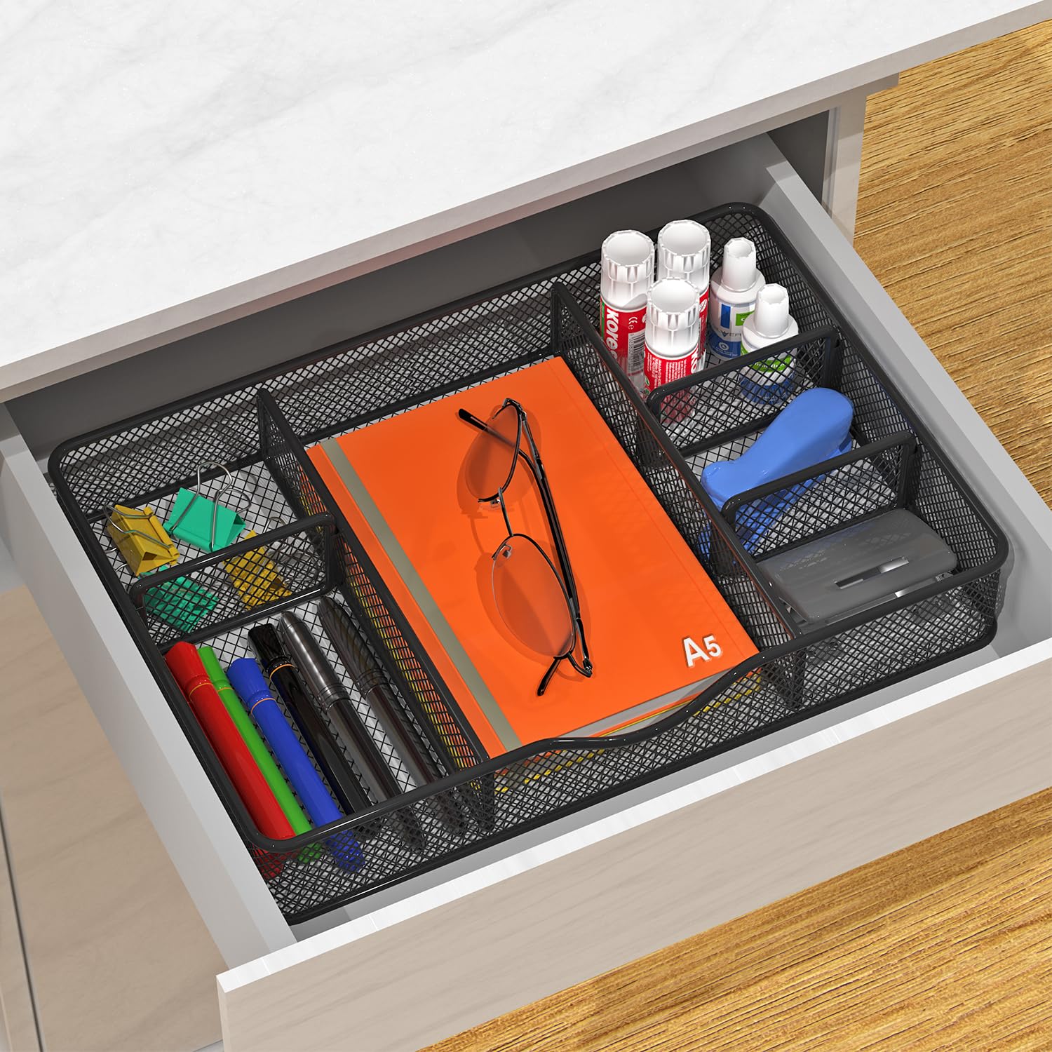 Metal Mesh Desk Drawer Organizer with 6 Adjustable Compartments - 14.5x8.8x1.96 Inch Black Tray for Office, Kitchen, Bathroom, Makeup & Vanity Storage - Perfect for Organizing Stationery, Utensils, Cosmetics & Jewelry