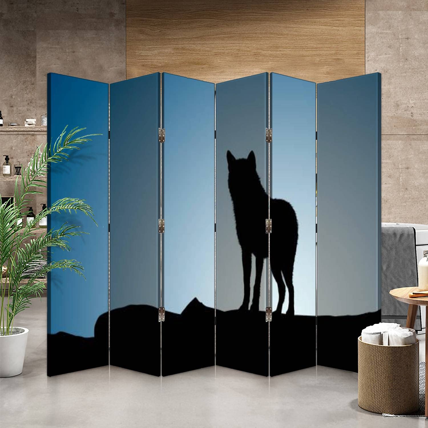 Wolf on a Moonset Canvas Room Divider - 6 Panel Folding Privacy Screen for Bedroom, Office & Living Room | Decorative Room Separator & Wall Partition for Home Decor
