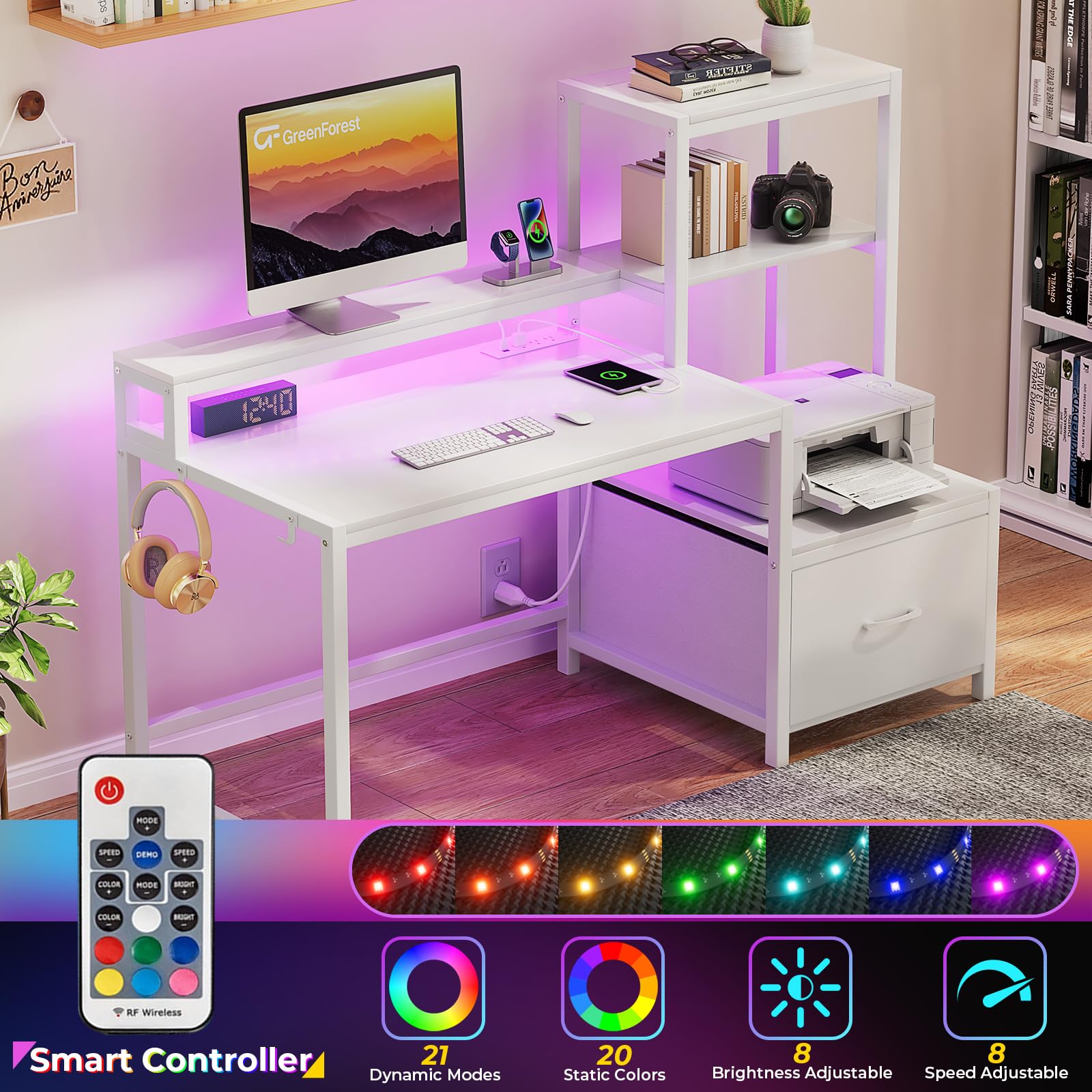 GreenForest 51-inch Computer Desk with Drawers, Monitor Stand & Storage Shelves - Home Office Desk with Power Outlets & LED Lights - Perfect for Gaming, Study, Writing & Remote Work - White