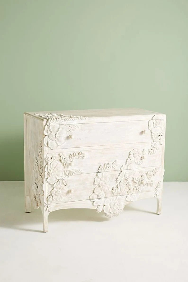 Hand Carved White Rose Design Three-Drawer Dresser - Perfect for Bedroom, Nursery & Guest Room Furniture Storage