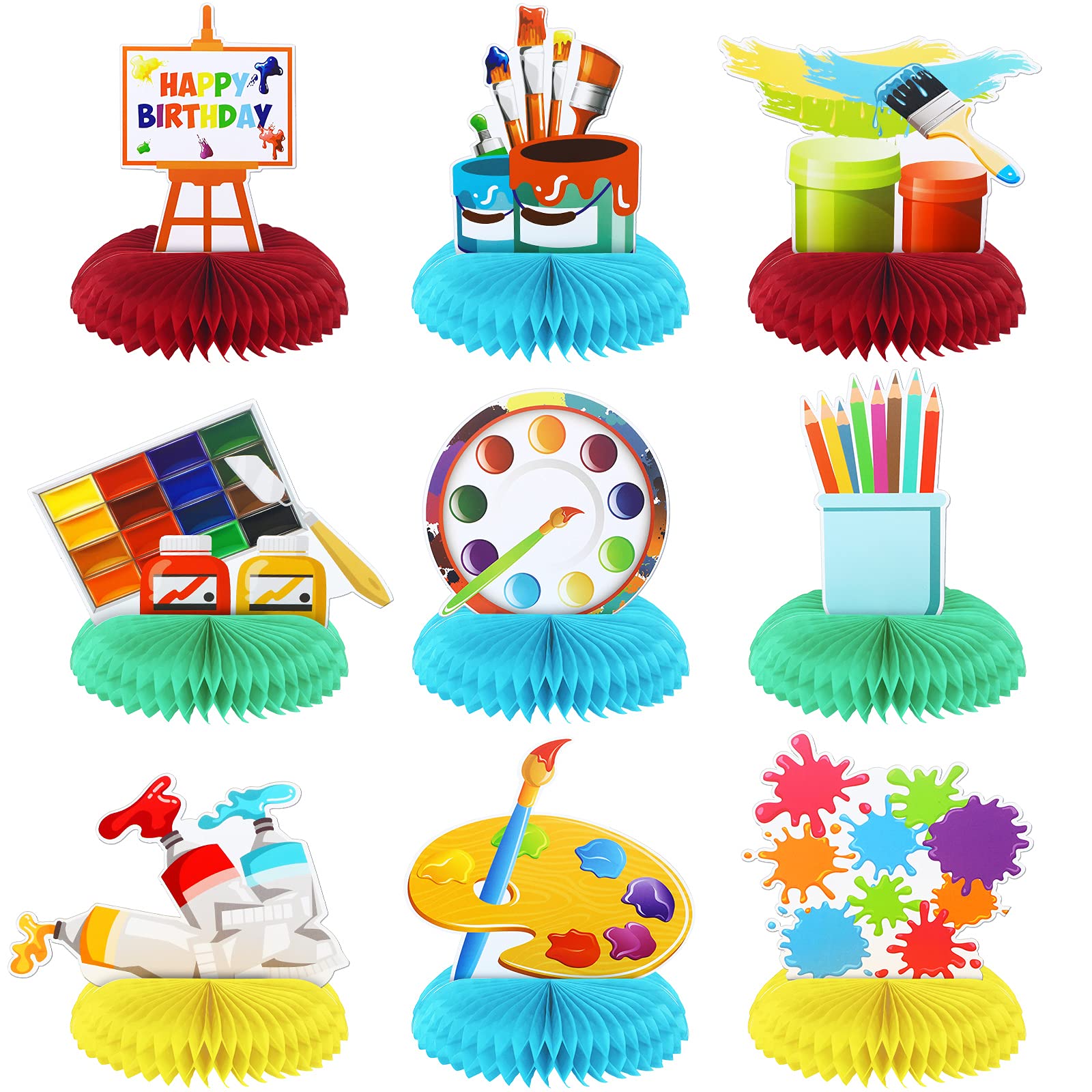 9-Piece Paint Party Decorations Set - Honeycomb Centerpieces & Photo Booth Props for Art Birthday, Sip and Paint Party Supplies (Perfect for DIY Art Parties, Baby Showers & Creative Events)