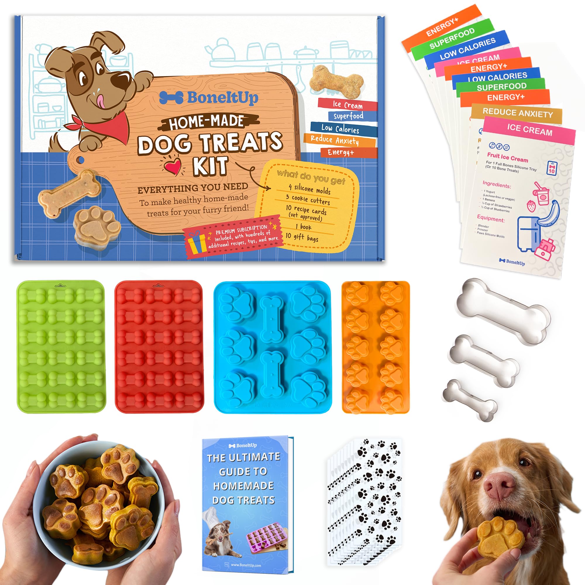 Healthy Vet-Approved Dog Treats Set - Silicone Molds & Cookie Cutters for Homemade Puppy Snacks, Paws & Bones Shapes, Food-Grade Safe for Candy & Dog Ice Cubes - Perfect for DIY Dog Treats, Birthday Parties & Pet Training Rewards