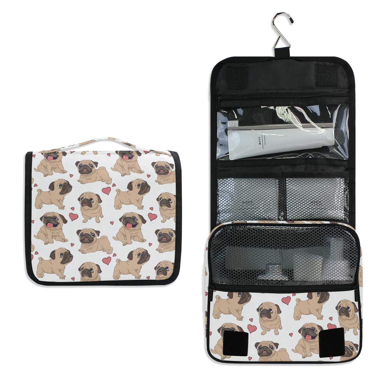 Funny Cartoon Pugs Puppies Hanging Toiletry Bag - Travel Cosmetic Organizer for Women & Men - Portable Bathroom Storage with Sturdy Hook - Perfect for Camping, Gym & Vacation Trips