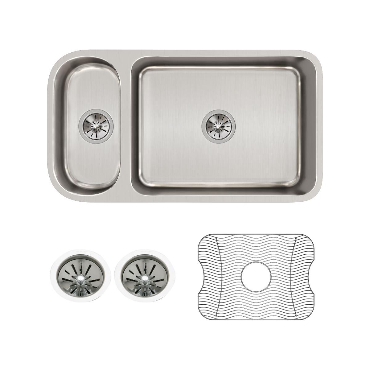 Elkay Lustertone Classic 30/70 Double Bowl Undermount Stainless Steel Kitchen Sink Kit - 32.25