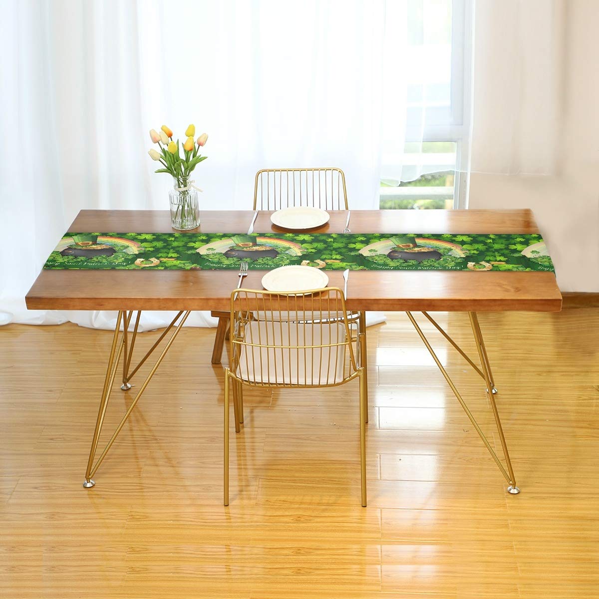 Golden Coin Pot Rainbow Clover Table Runner 13x90 Inches - Double Sided Green Shamrock Leaves & Horseshoe Design - Washable Kitchen Dining Fabric for St. Patrick's Day Decor, Holiday Parties & Irish-Themed Events