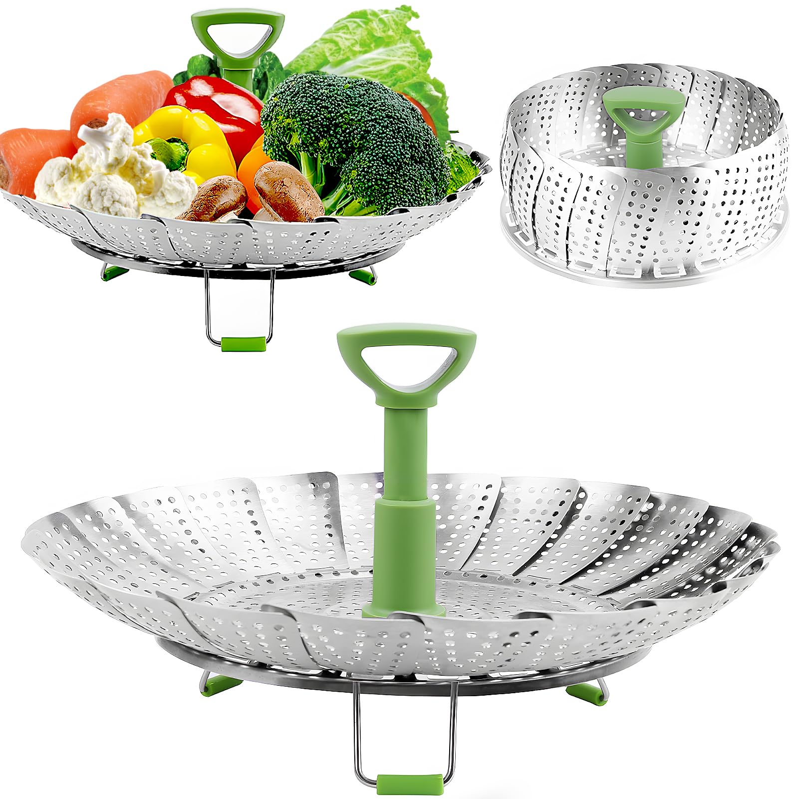 Stainless Steel Expandable Vegetable Steamer Basket for Cooking - Folding Steamer Insert with Extendable Handle Fits 6.4