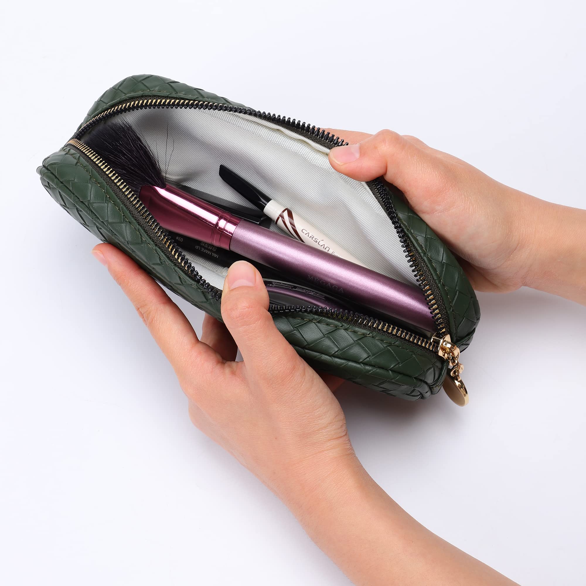 Travel Makeup Bag for Women - 2 Pack Large Leather Cosmetic Organizer Pouch with Wide Opening for Toiletries, Brushes & Accessories | Perfect for Vacation, Gym & Daily Use | Green