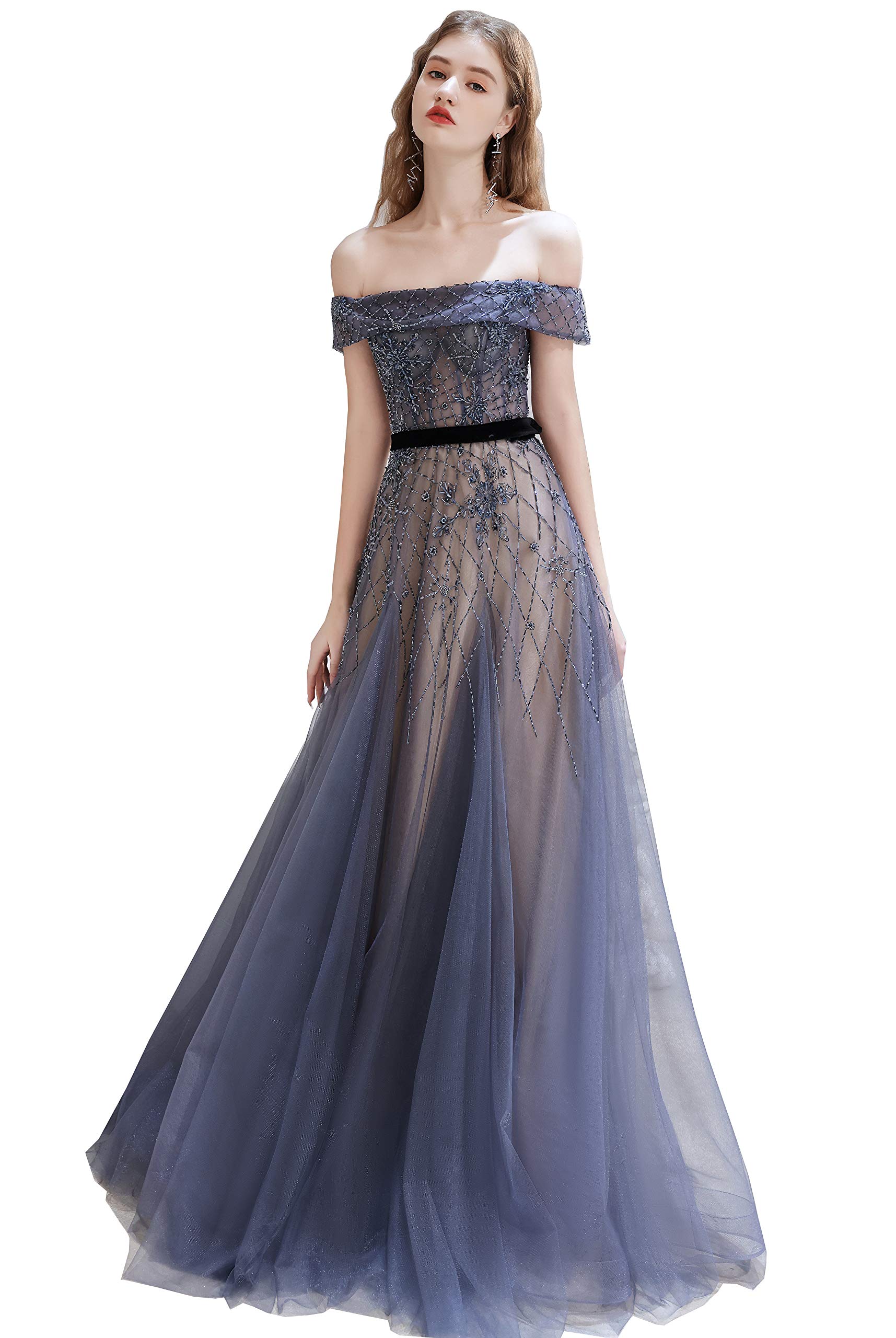 Elegant Off-Shoulder Beaded Tulle Evening Gown for Women - Long Formal Dress for Prom, Wedding & Special Occasions