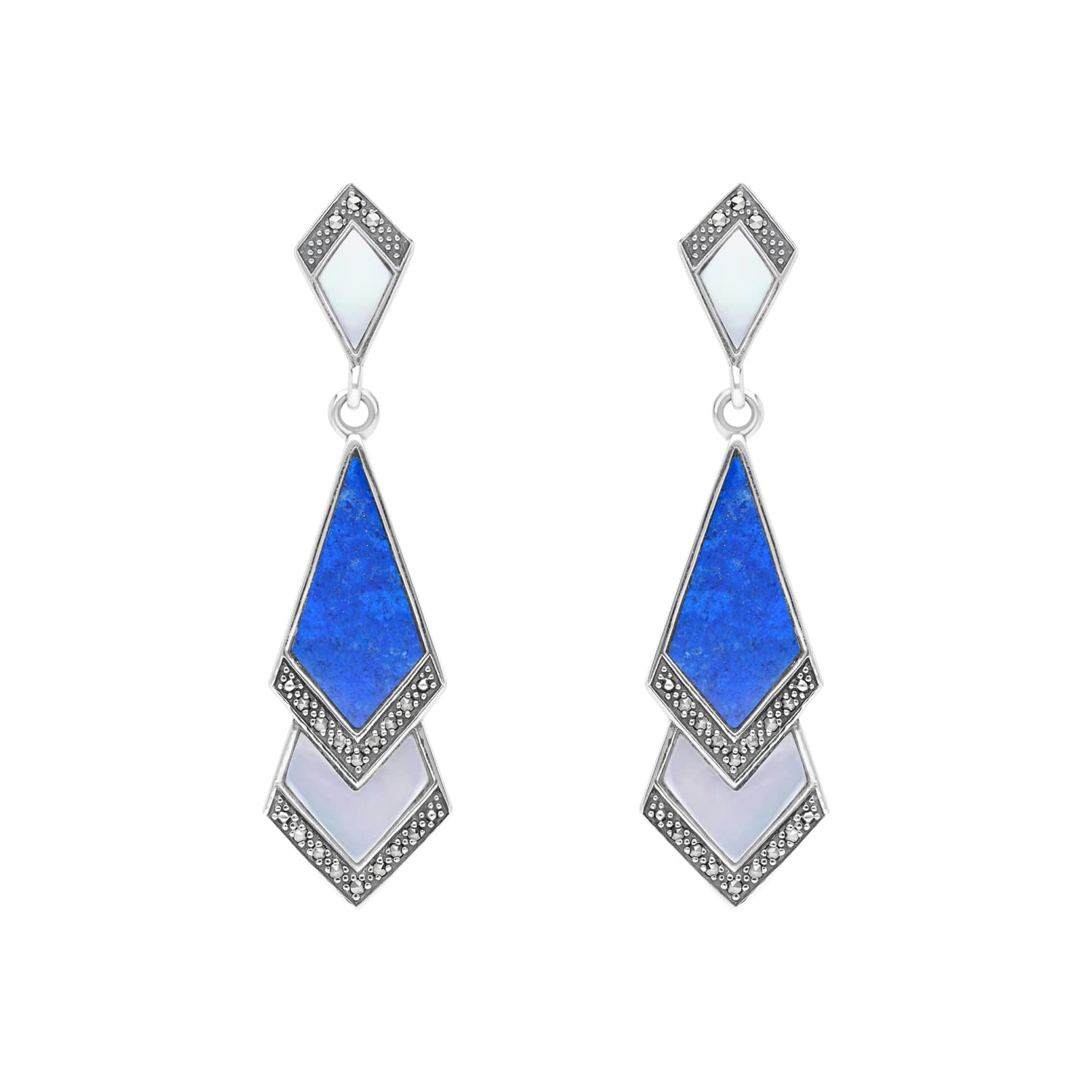 Art Deco Sterling Silver Marcasite Drop Earrings with Semi-Precious Gemstones & Mother of Pearl Shell - Elegant Vintage Jewelry for Parties, Weddings & Special Occasions