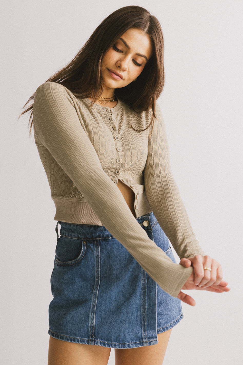 Women's Mallory Button Front Blouse in Taupe - Casual Office Wear & Everyday Outfit