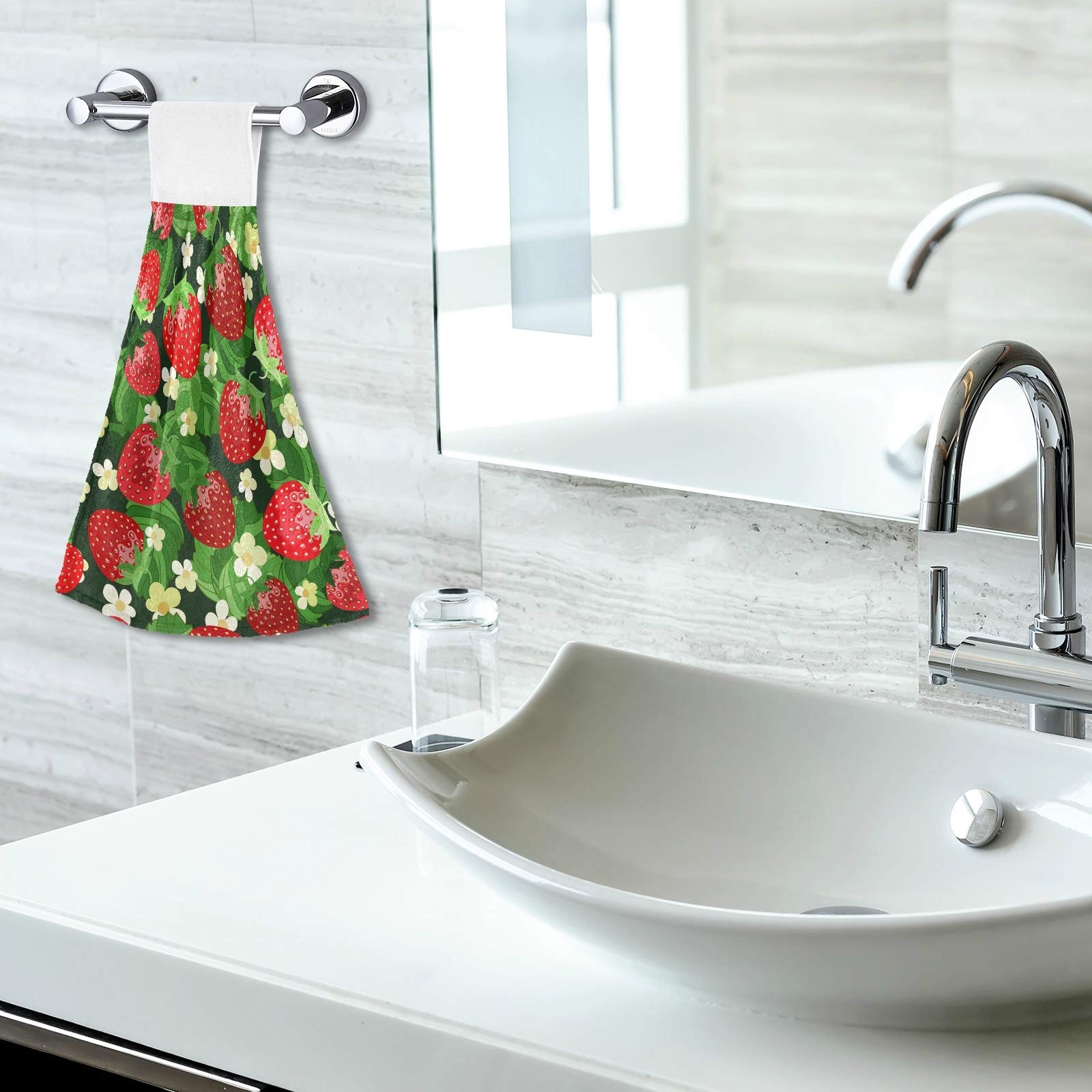 Red Strawberry White Flowers Green Leaves 2-Piece Hanging Kitchen Hand Towel Set with Hook & Loop - Absorbent Washcloths & Dishcloths for Tea Bar, Bath, and Decorative Kitchen Use