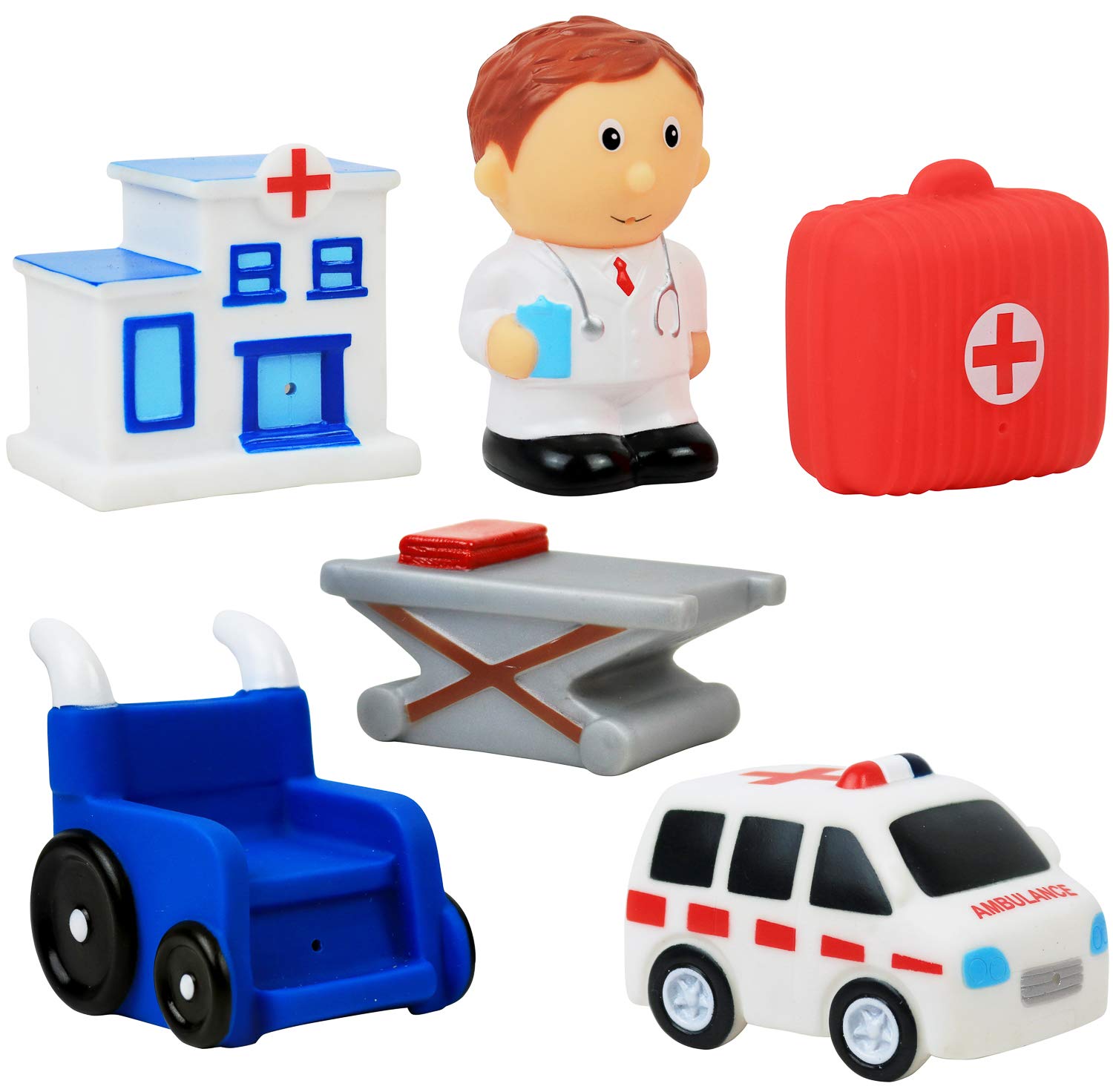 Click N’ Play 6-Piece Doctor & Ambulance Toy Set for Kids - Soft Vinyl Hospital Playset with Figures, Perfect for Bath Time, Role Play & Preschool Learning | Great Gift for Toddlers & Children Ages 3+