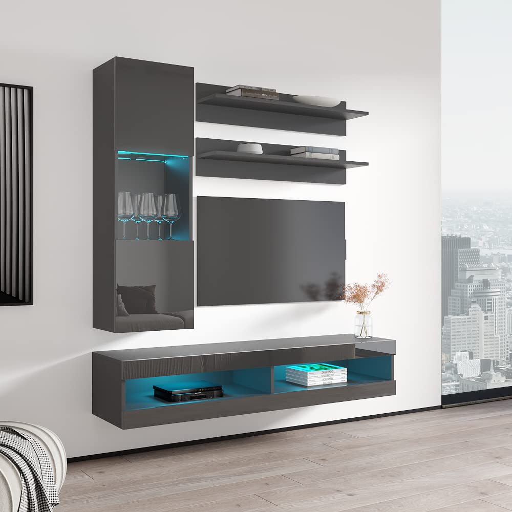 Modern Floating TV Stand with Storage & LED Lights - Wall-Mounted Entertainment Center for Bedroom & Living Room - 34