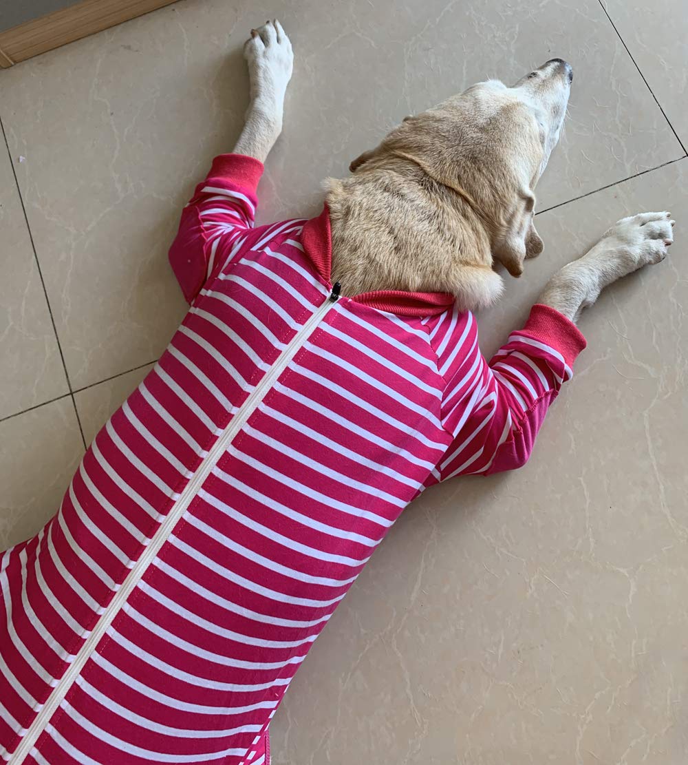 Large Dog Striped Jumpsuit - 4-Legged Cotton Pajamas with Zipper for XL Dogs (Size 9, Pink) | Warm Pet Clothes for Winter, Halloween Costume & Indoor Lounging