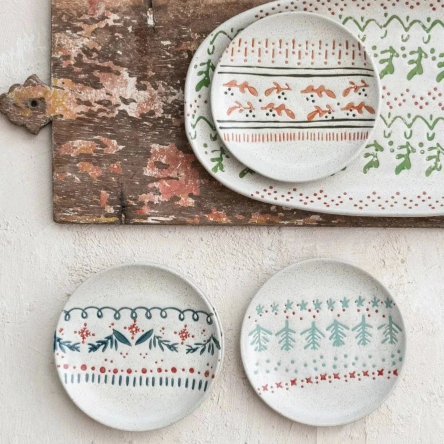 Handmade Stamped Stoneware Dinner Plates Set - 4-Piece Ceramic Plates for Everyday Use, Dining & Entertaining - Rustic Farmhouse Style Tableware for Home & Restaurant