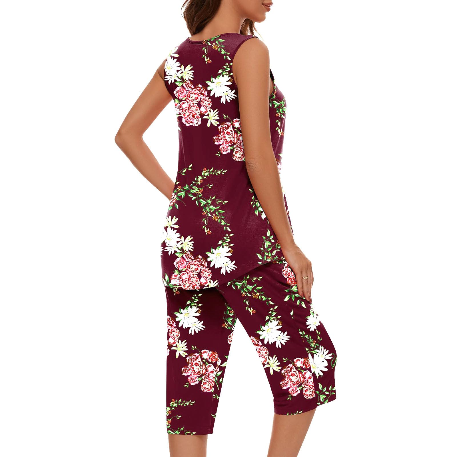 Women's Sleeveless Pajama Set with Pockets - Comfy Capri Sleepwear for Lounge & Travel
