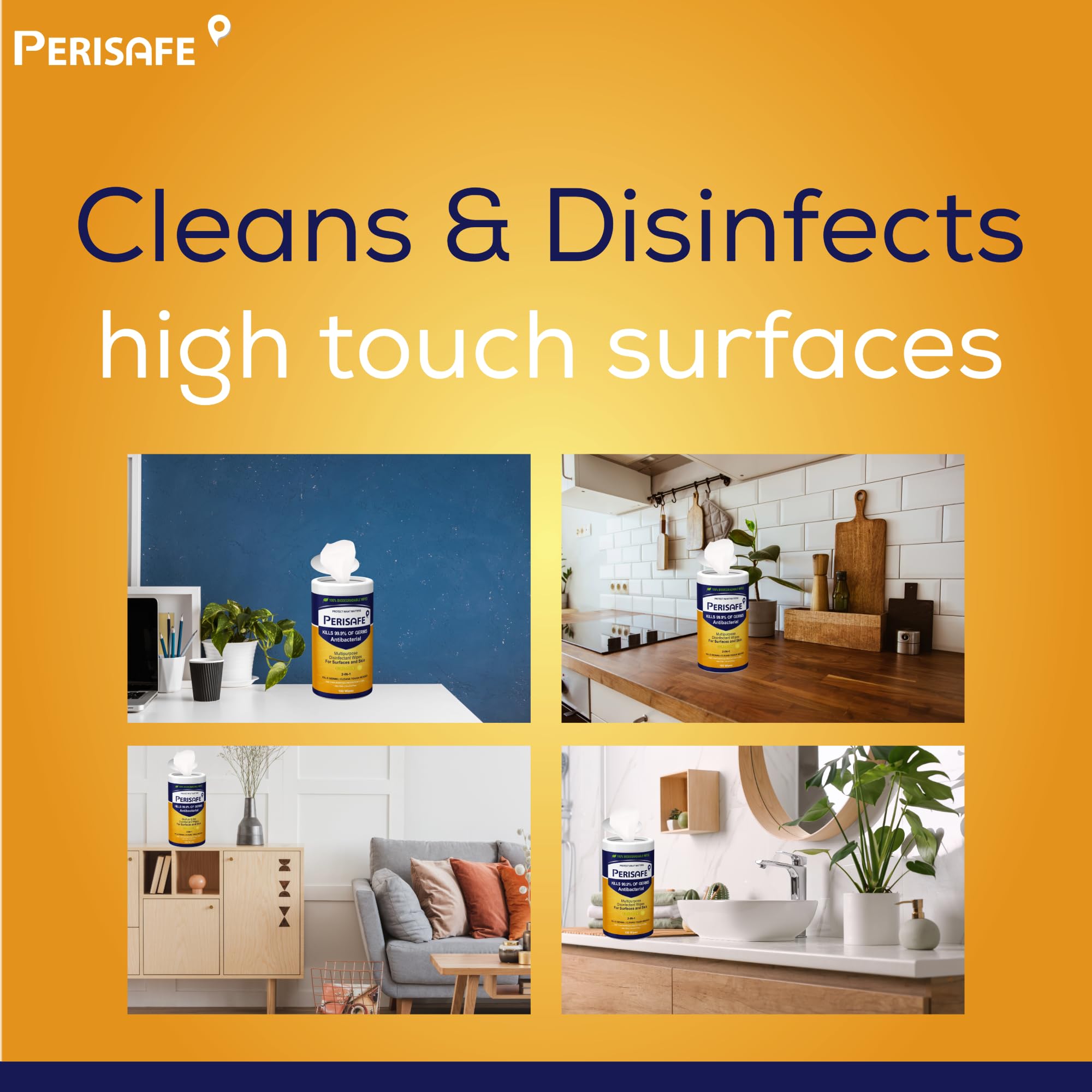PERISAFE Multipurpose Disinfectant Wipes - 100 Count | Antibacterial & Cleaning Wipes for Surfaces & Skin | Kills 99.9% Germs | 100% Biodegradable | 2-in-1 Cleaning Solution for Home, Office, Gym & Travel Use