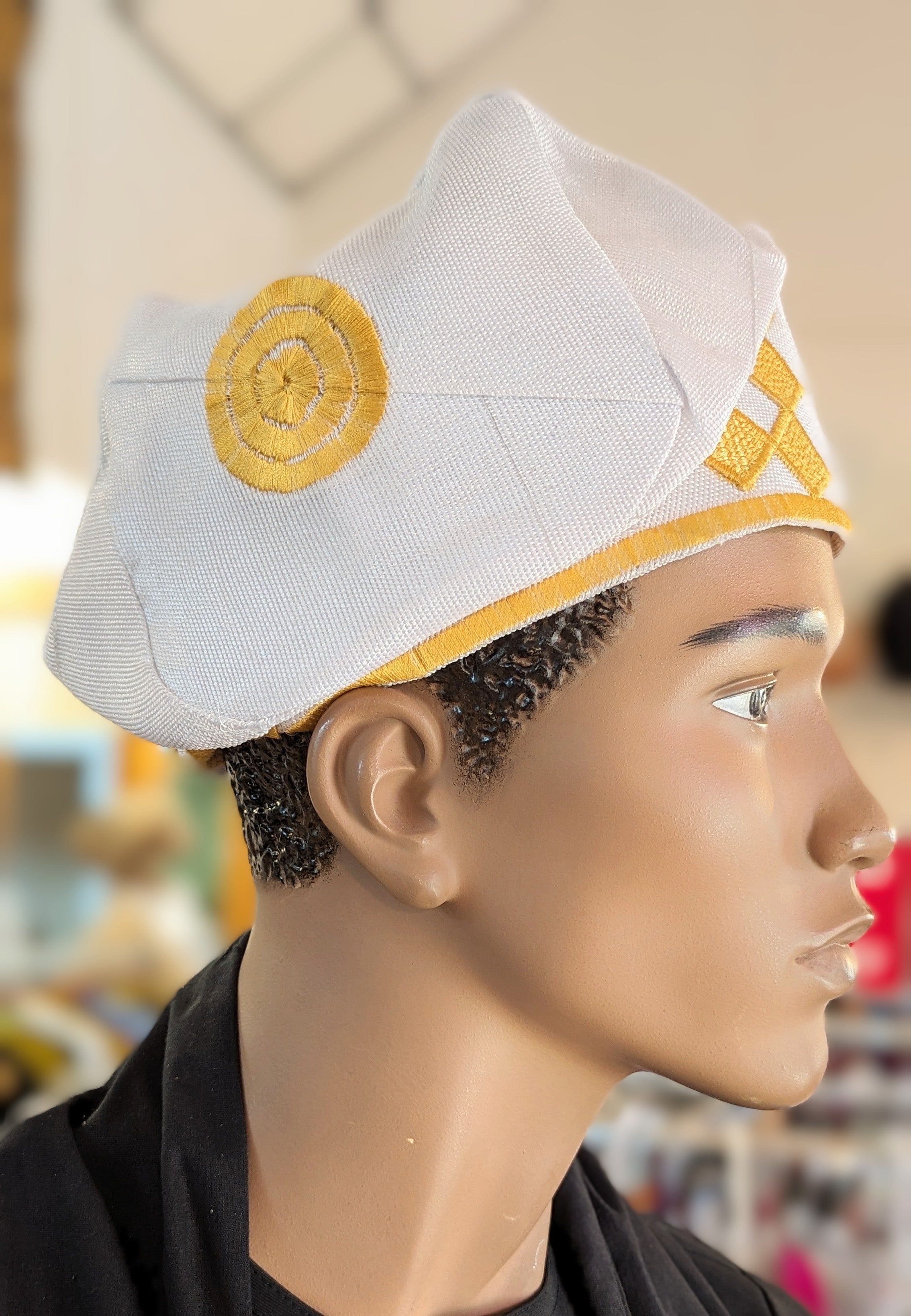 Dupsie's White & Gold Embroidered Ogundele Aso Oke Kufi Cap Hat DPHAWGA44 - Perfect for Weddings, Cultural Celebrations & Special Occasions