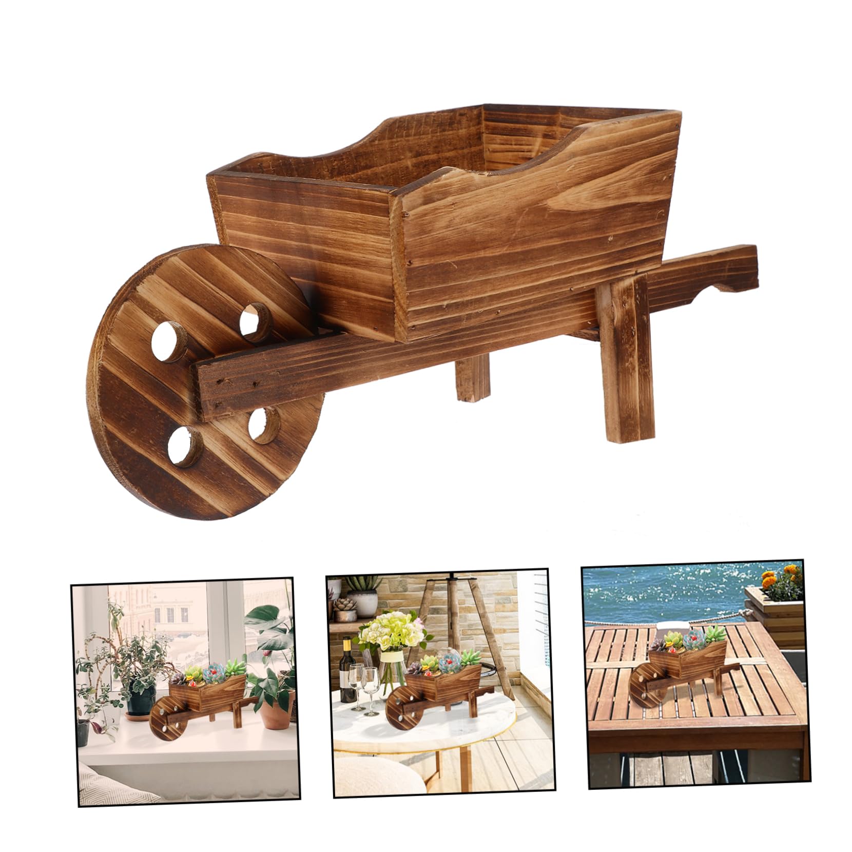 Mini Wooden Wheelbarrow Planter - Decorative Flower Pot Barrel for Indoor Succulents, Plants & Home Decor | Perfect for Dining Table Centerpiece, Child's Room & DIY Crafts