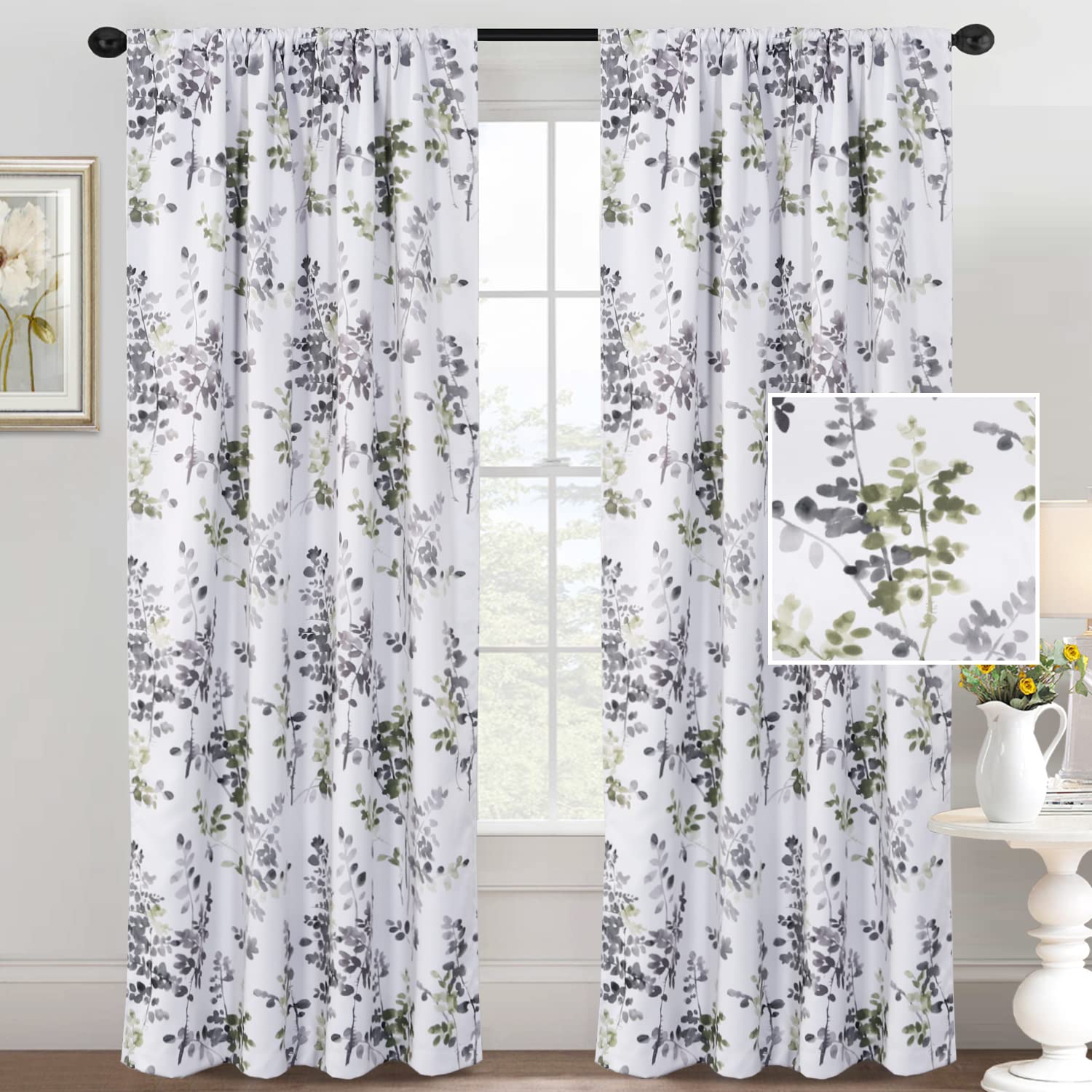 H.VERSAILTEX 84 Inch Floral Print Blackout Curtains - 2 Panels, Rod Pocket Window Treatments in Classic Grey & Sage Floral Pattern for Bedroom & Living Room - Perfect for Light Control & Home Decor
