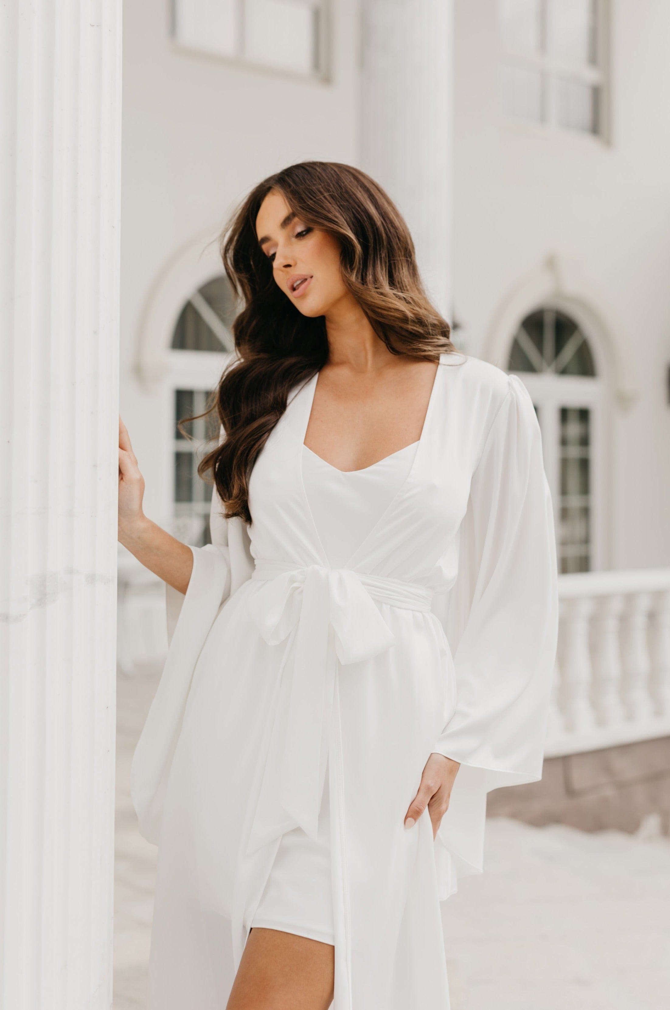 Ella Satin Flutter Sleeve Maxi Bridal Robe with Slip - Elegant Wedding Gown for Bridal Party, Bridesmaids & Photoshoots - Perfect for Getting Ready, Ceremony & Honeymoon