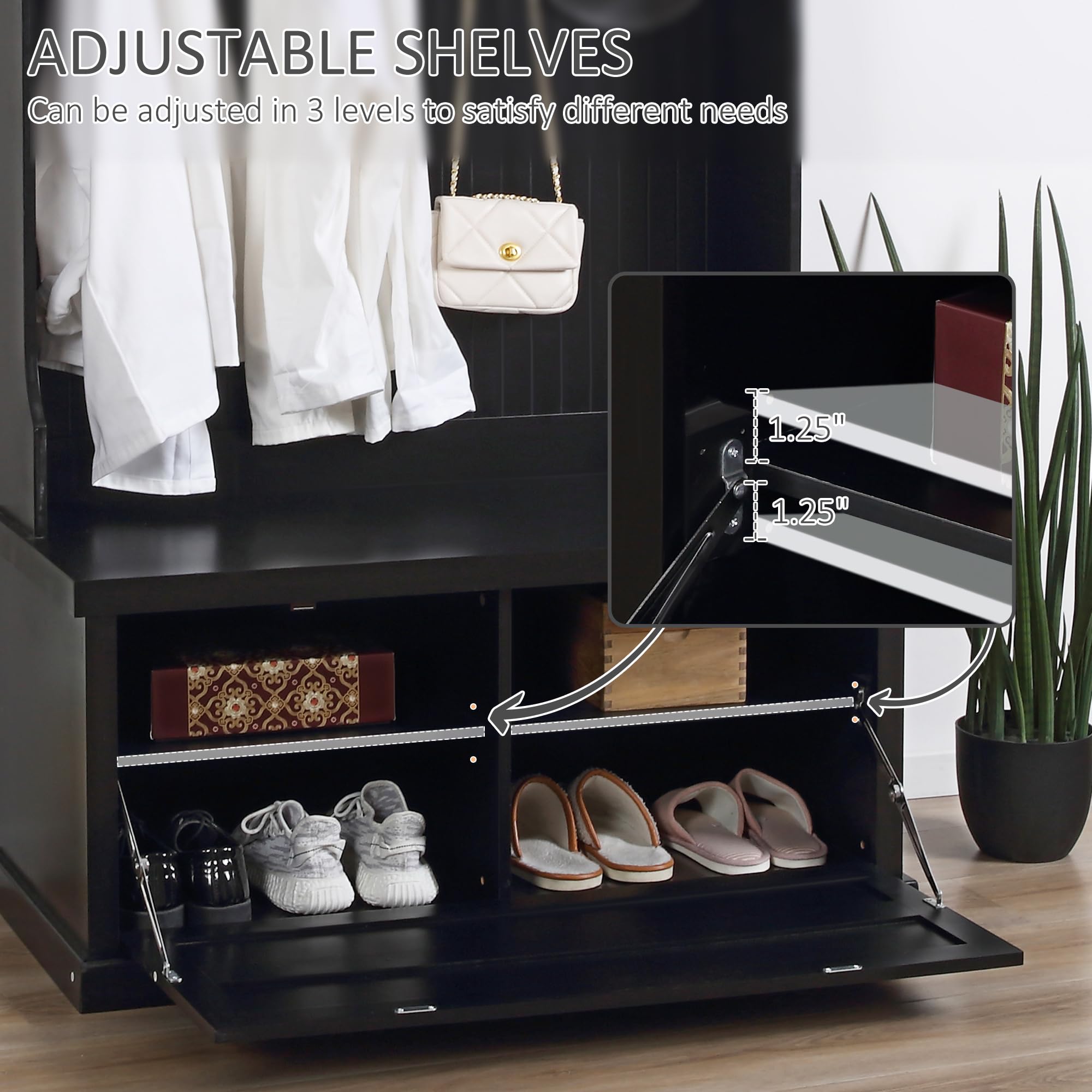 HOMCOM Entryway Bench with Coat Rack - 4 Double Hooks & 2 Storage Compartments, Hall Tree Bench with Shoe Storage for Hallway, Living Room, Bedroom - Black, Modern Furniture for Home Organization & Entryway Decor