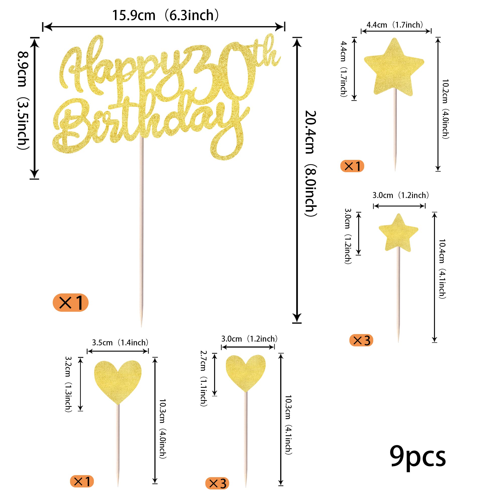 Rsstarxi 9 Pack Happy 30th Birthday Cake Topper Set - Glitter Heart & Star Cupcake Toppers for 30th Birthday Party Decorations | Perfect for Anniversary Cakes, Dessert Tables & Milestone Celebrations
