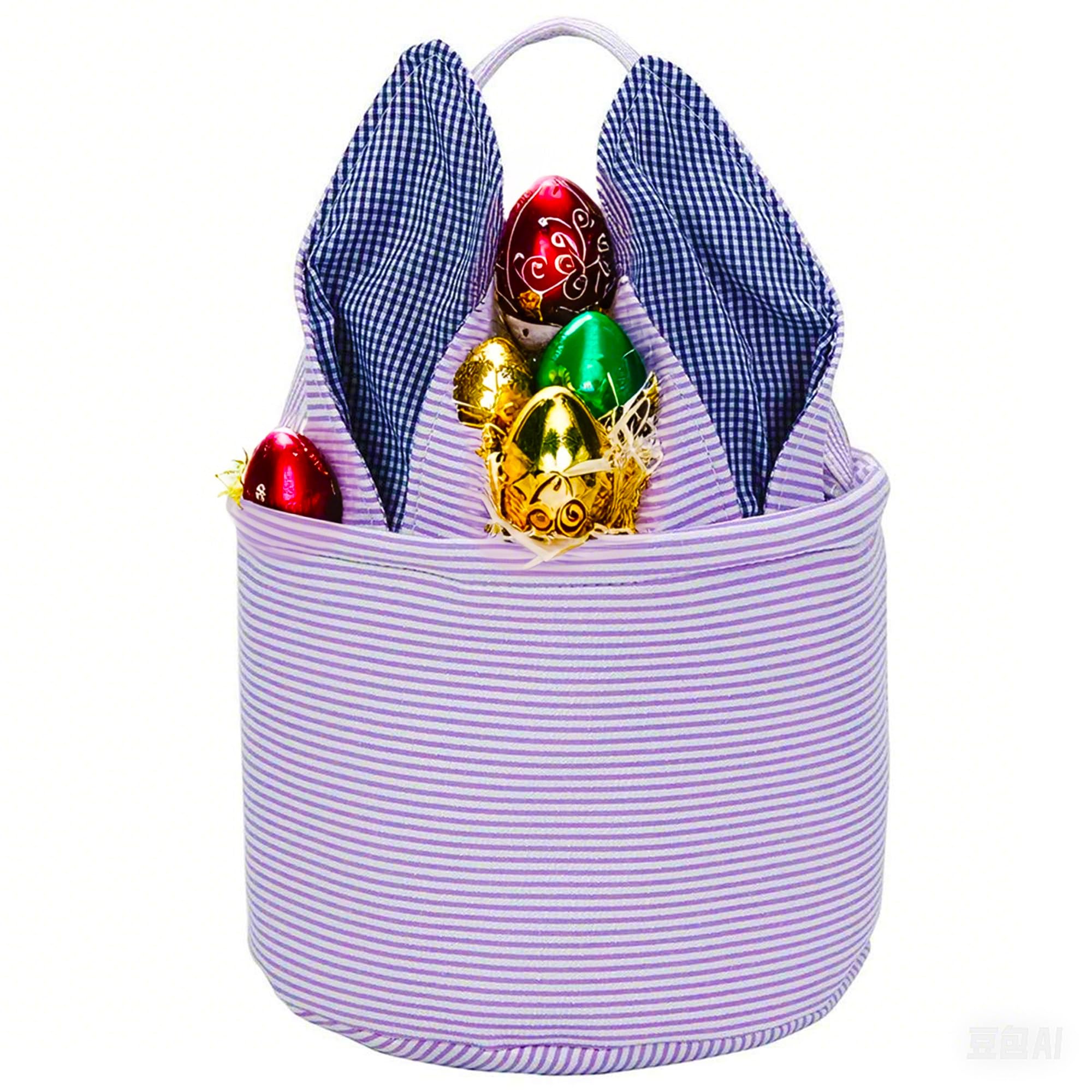 Personalized Easter Bunny Basket - Seersucker Egg Bags for Kids, Fluffy Tail Rabbit Print Candy Buckets (Purple) | Perfect for Easter Egg Hunts, Party Favors & Spring Gift Giving