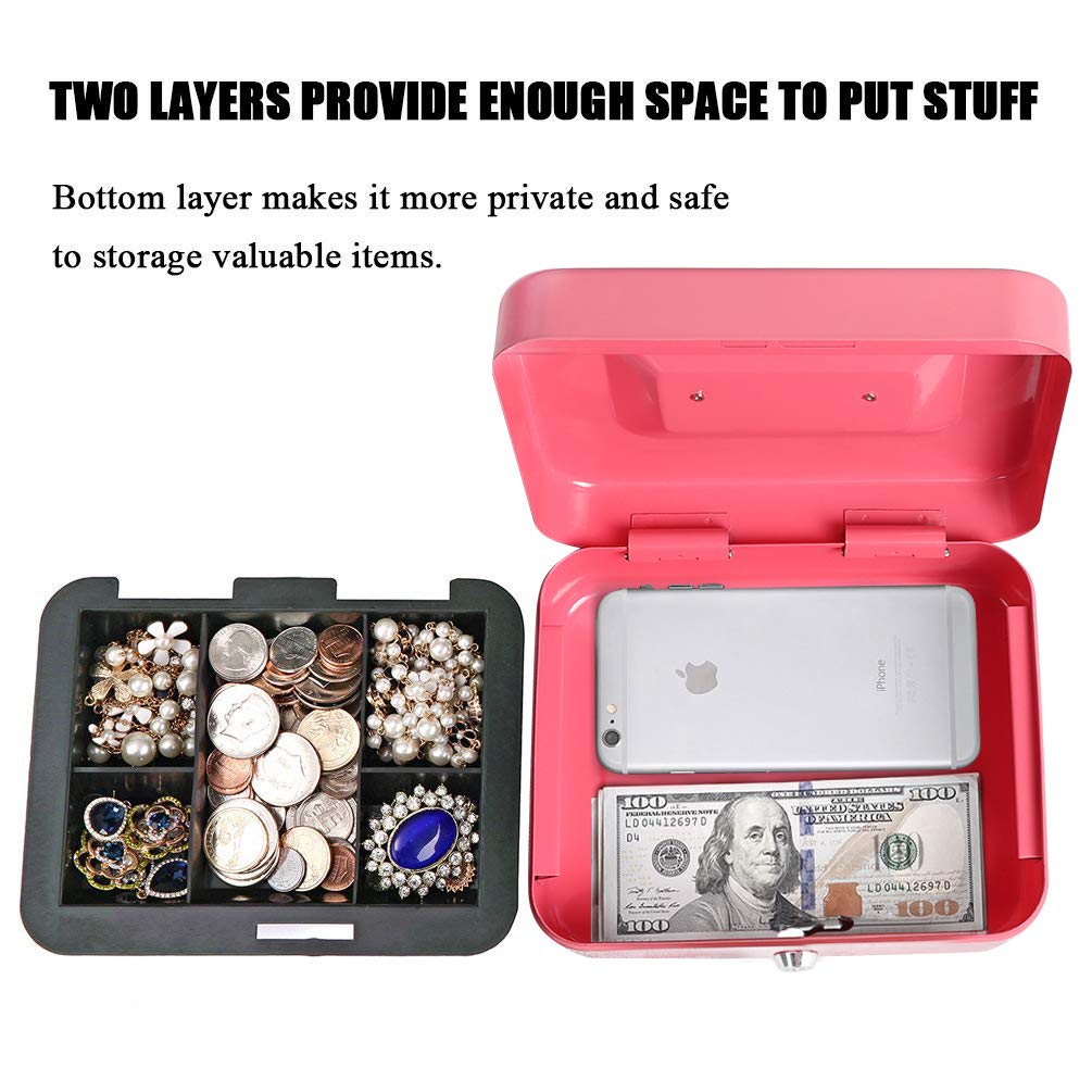 Durable Metal Cash Box with Key Lock & Money Tray - Secure Pink Cash Box for Small Business, Home Office, Retail Store (Model CB0104M) - Perfect for Cash Storage, Coin Organization & Money Management
